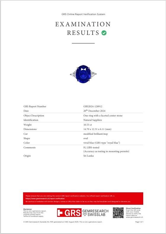 10.53 Carat Royal-Blue Ceylon Sapphire Diamond Platinum Ring, GRS Certified