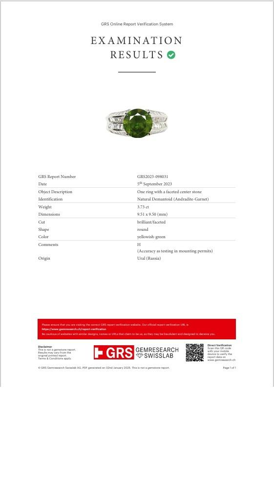 3.73 Carat Demantoid Garnet Diamond Platinum Ring, GRS Certified