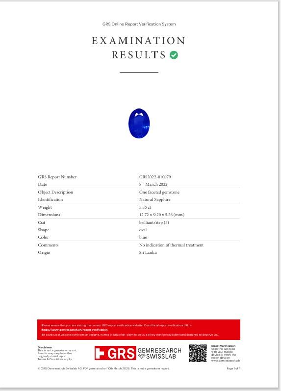 5.56 Carat Ceylon Sapphire Diamond Platinum Ring, GRS Certified No-Heat