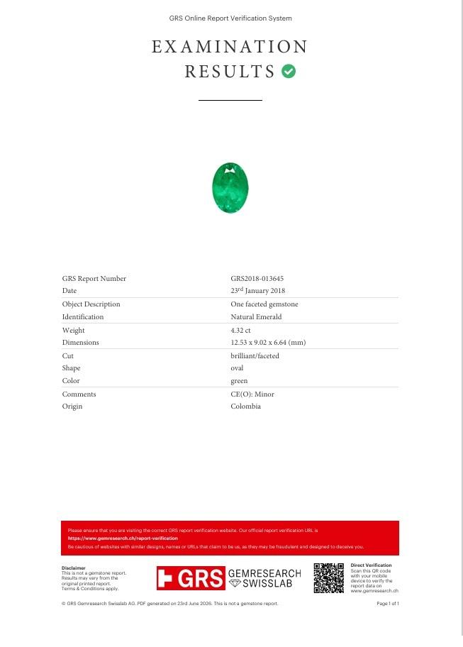 4.32 Carat Colombian Emerald Diamond Platinum Halo Ring, GRS Certified