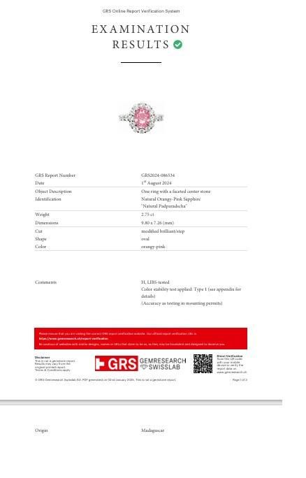 2.75 Carat Padparadscha Sapphire Diamond Platinum Ring, GRS Certified