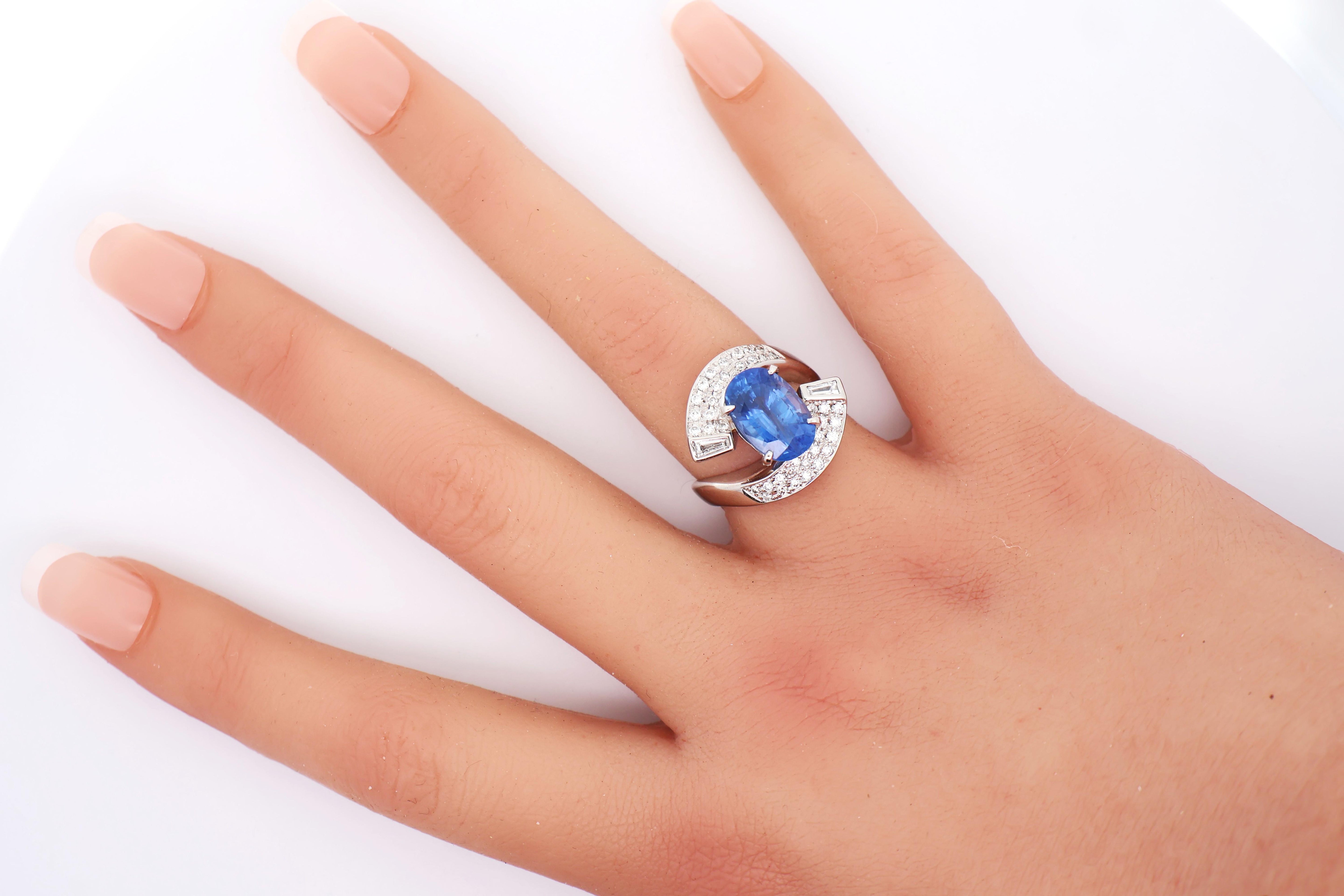 5.04 Carat Blue Ceylon Sapphire Diamond Platinum Bypass Ring, GIA Certified