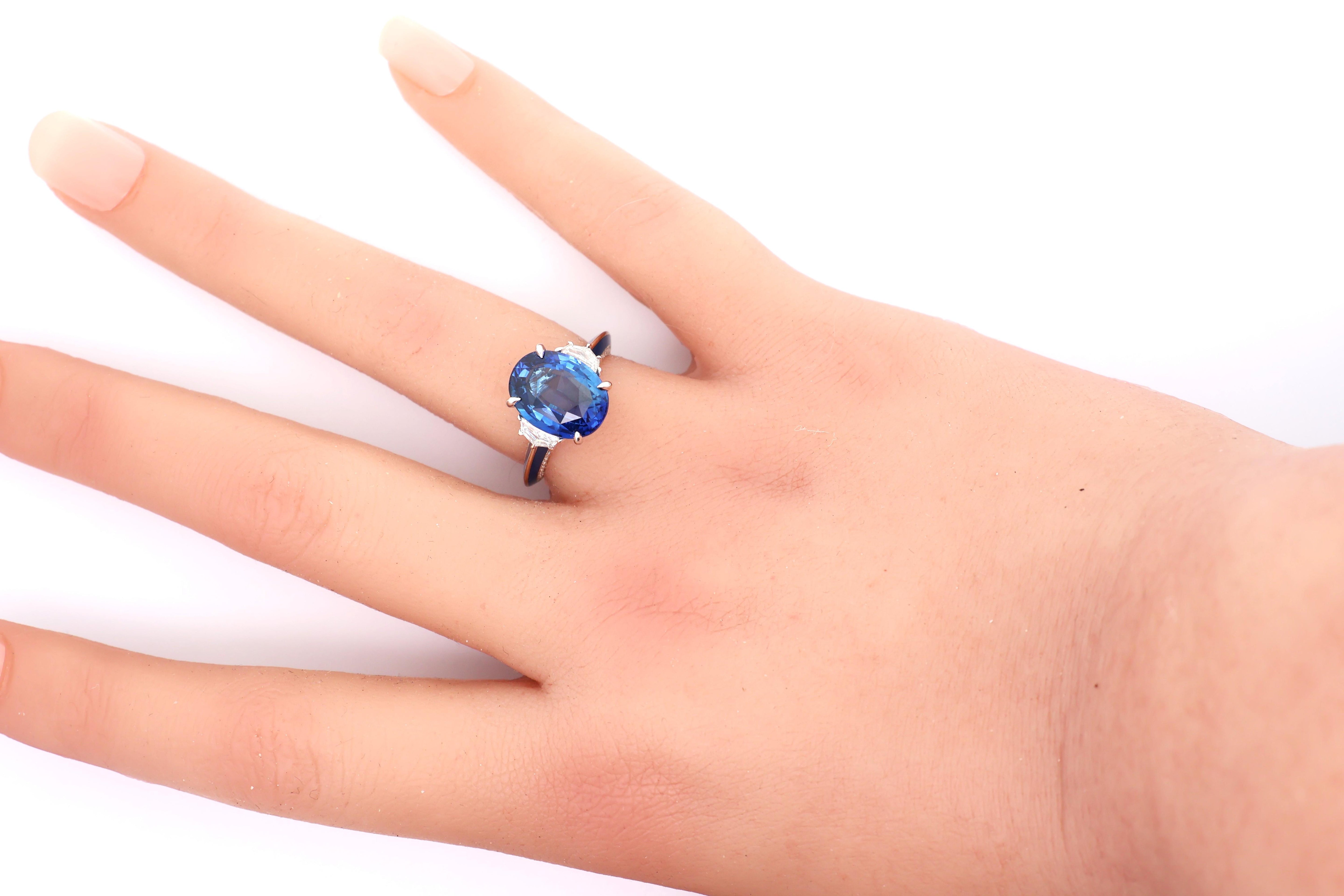7.03 Carat Blue Ceylon Sapphire Diamond Enamel 18K White Gold Ring, GIA Certifed