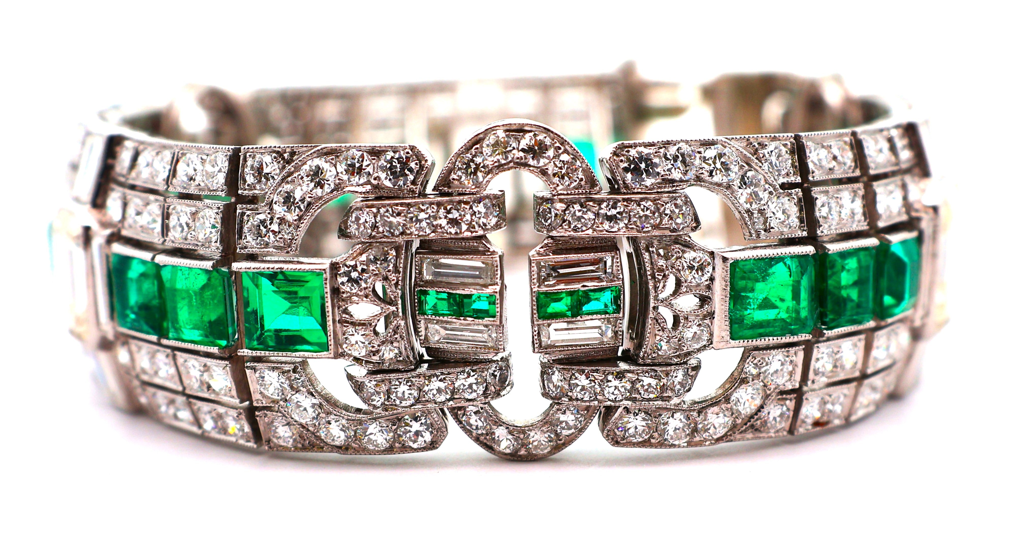 Superb Art Deco Diamond Emerald Platinum Bracelet, Circa 1929