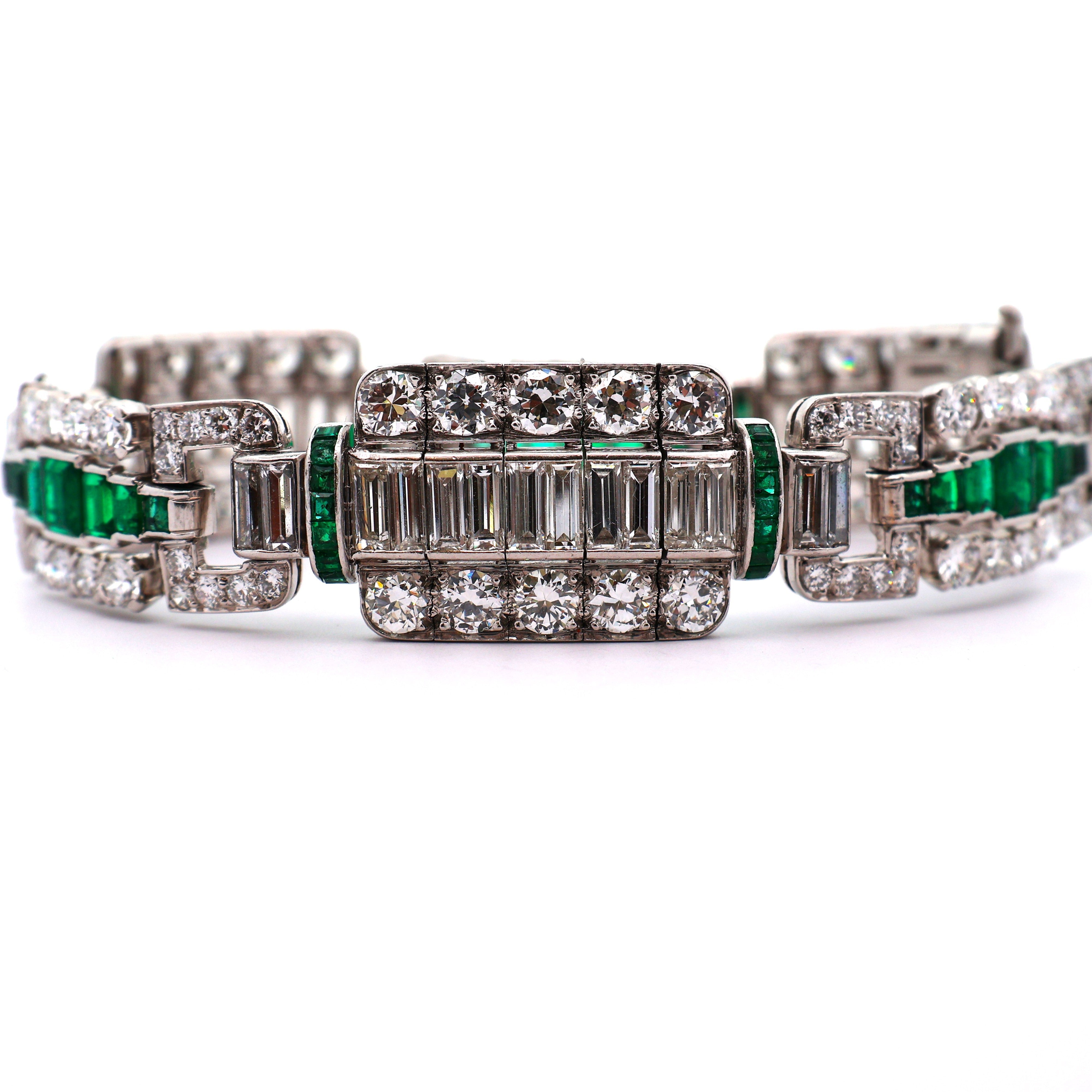 Art Deco Diamond Emerald Platinum Bracelet, Circa 1927