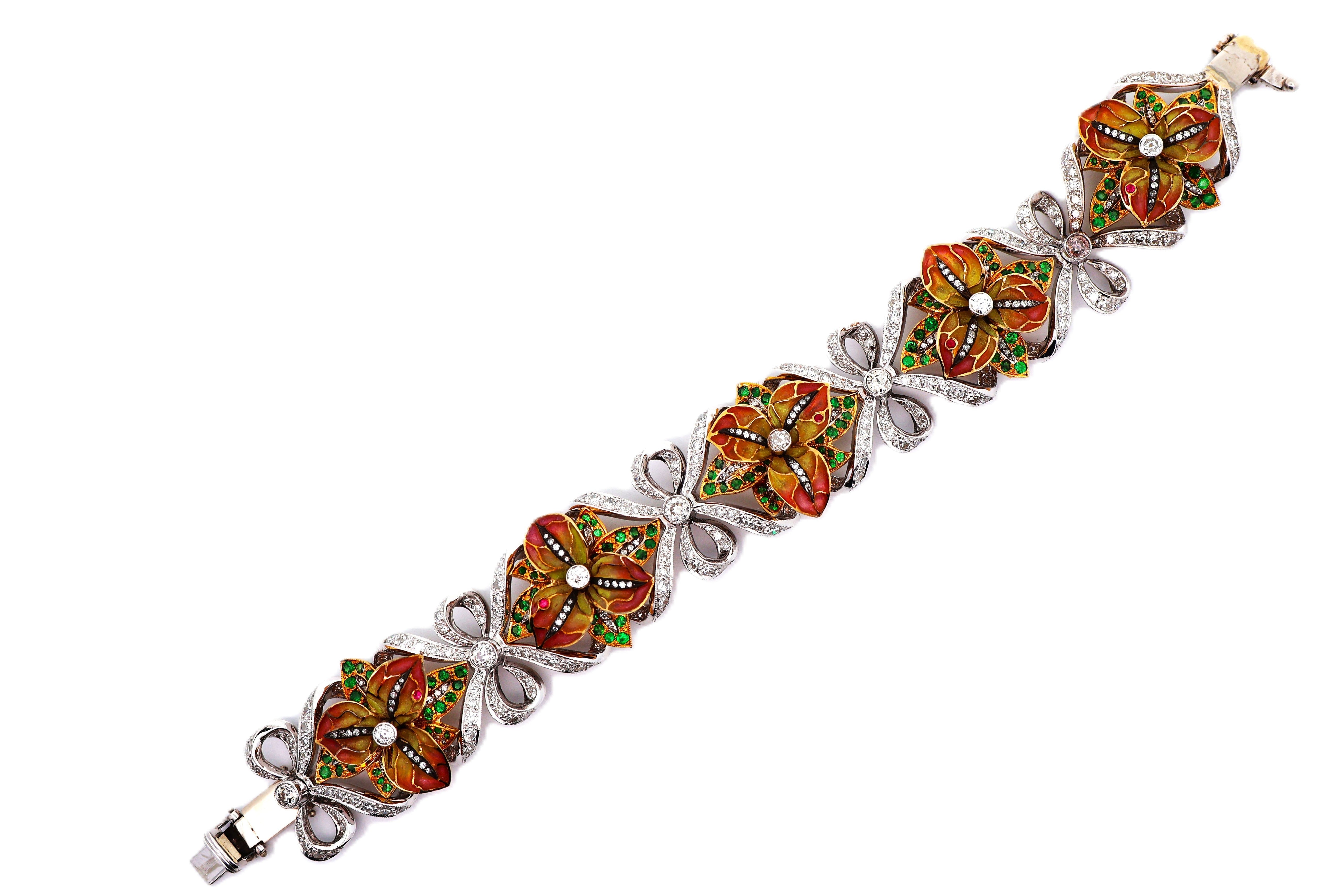 Diamond Tsavorite Ruby Enamel 18k White-Yellow Gold Flower-Ribbon Bracelet