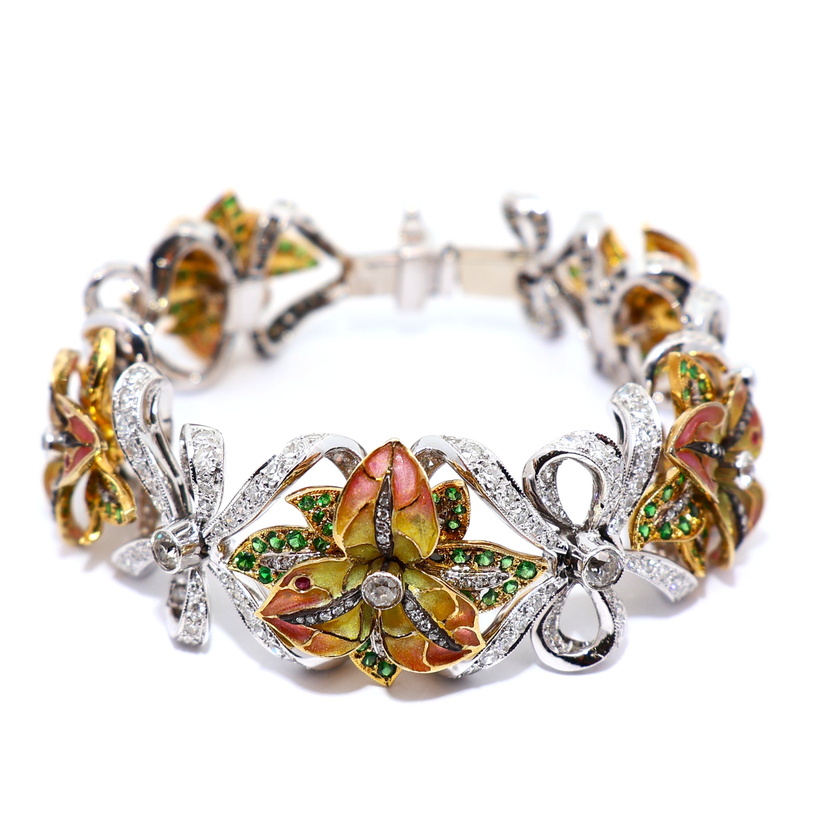 Diamond Tsavorite Ruby Enamel 18k White-Yellow Gold Flower-Ribbon Bracelet