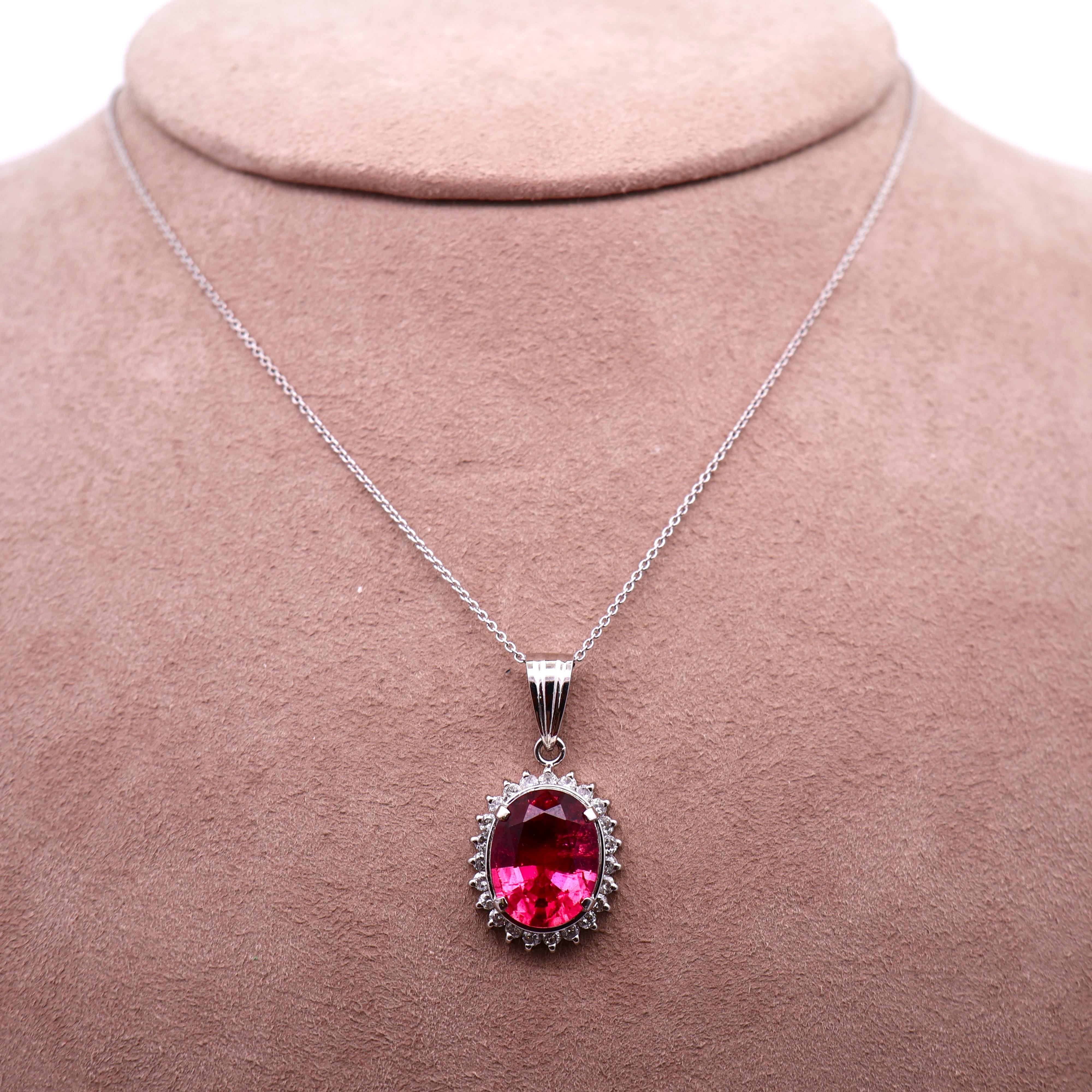 4.30 Carat Pink Tourmaline Diamond Platinum Halo Pendant Necklace