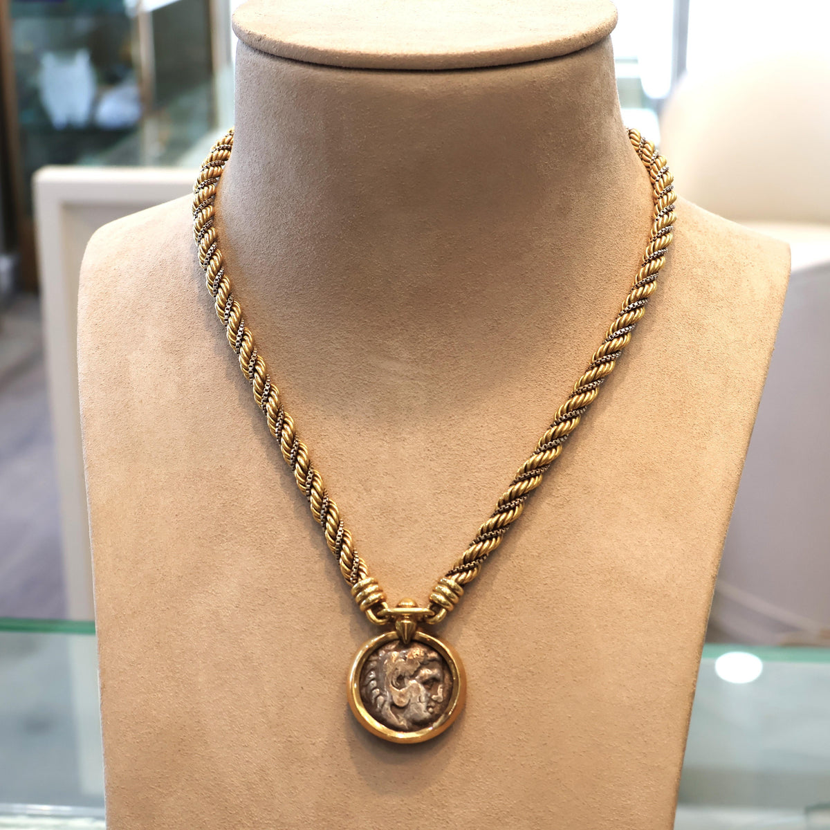 French Retro 18K Two-Tone Gold with Silver Antique Coin Braided Necklace