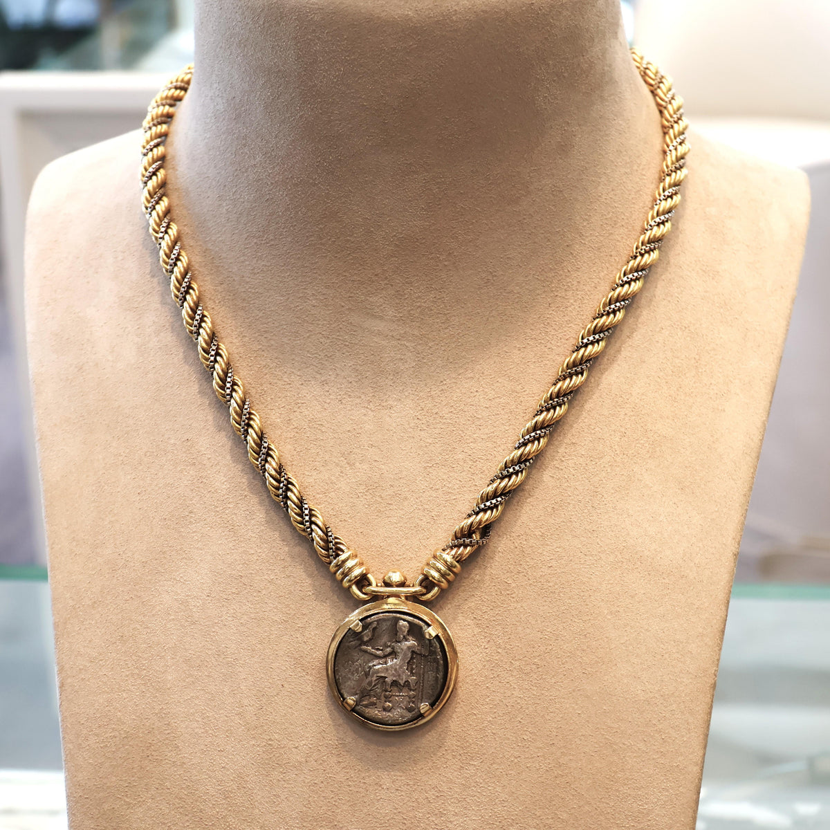 French Retro 18K Two-Tone Gold with Silver Antique Coin Braided Necklace