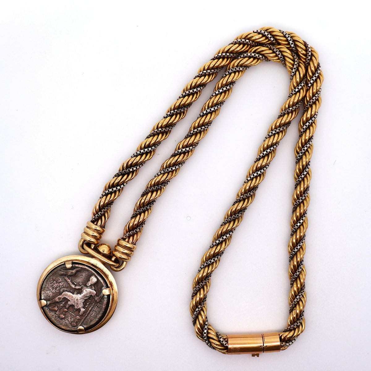 French Retro 18K Two-Tone Gold with Silver Antique Coin Braided Necklace