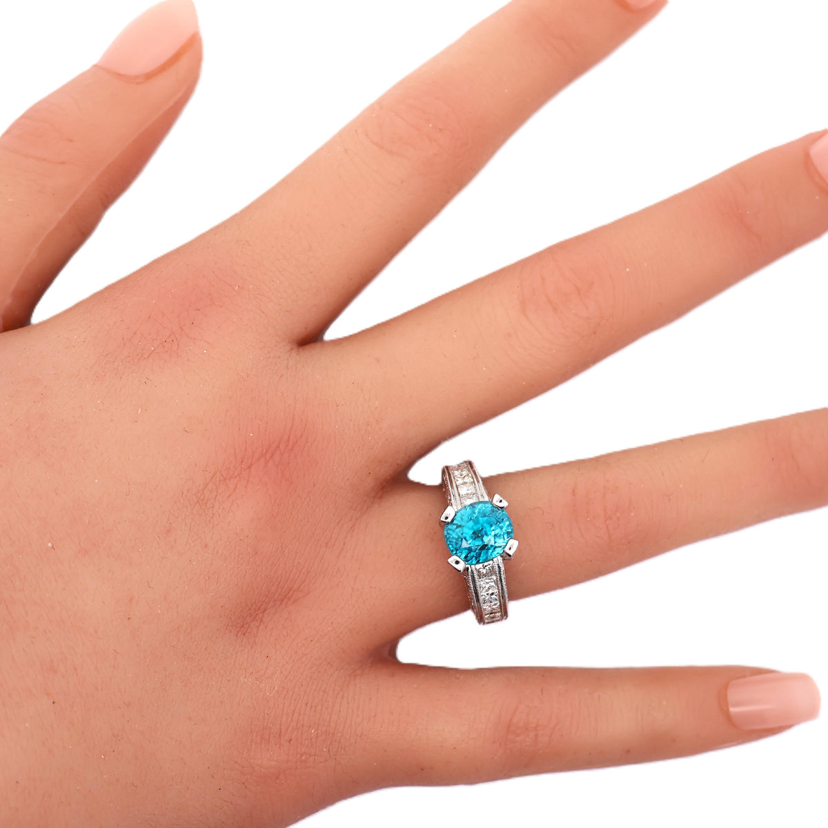 Vintage 5.84 Carat Blue Zircon Diamond 18K White Gold Engagement Ring