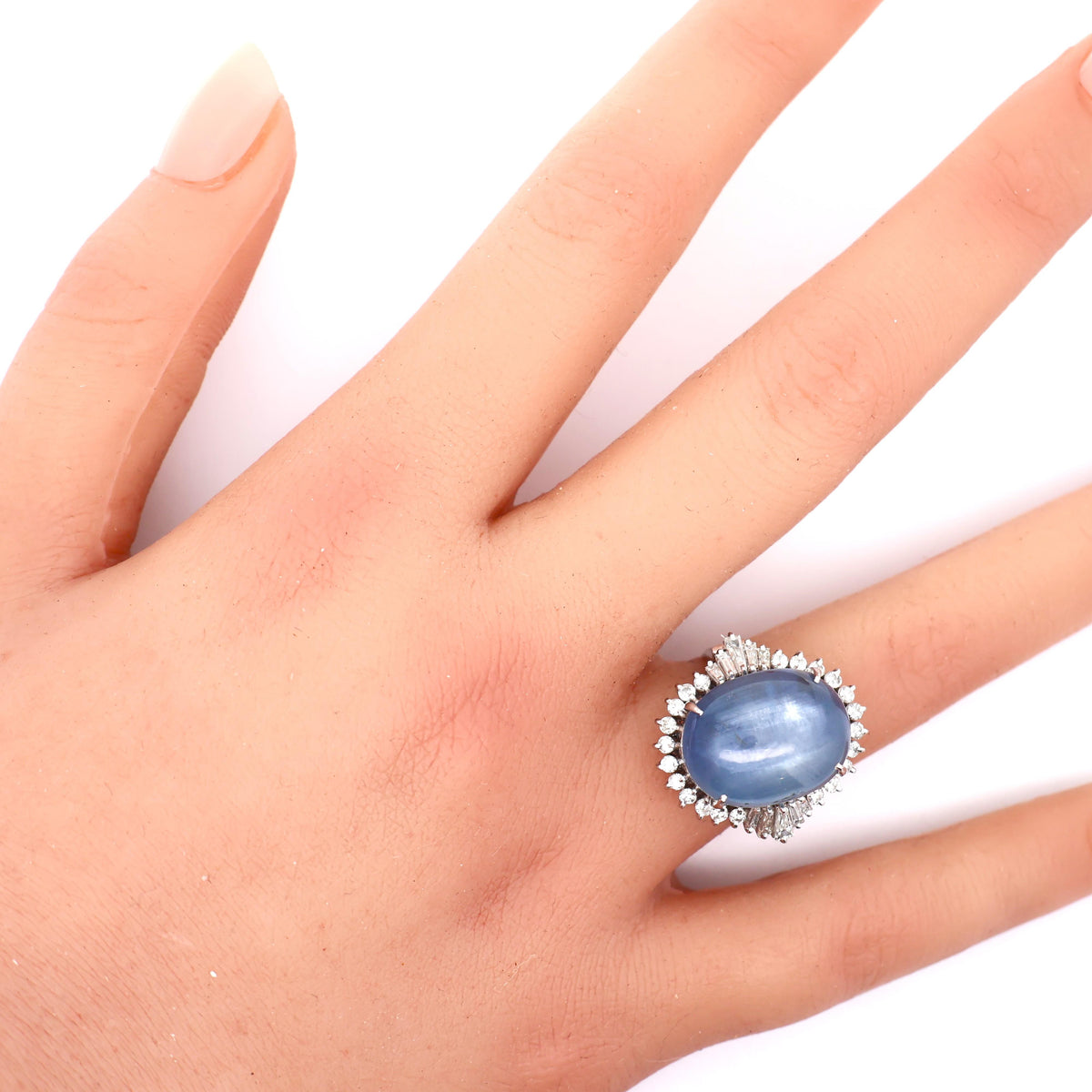 27.98 Carat Blue Star Sapphire Diamond Platinum Star-Burst Cocktail Ring