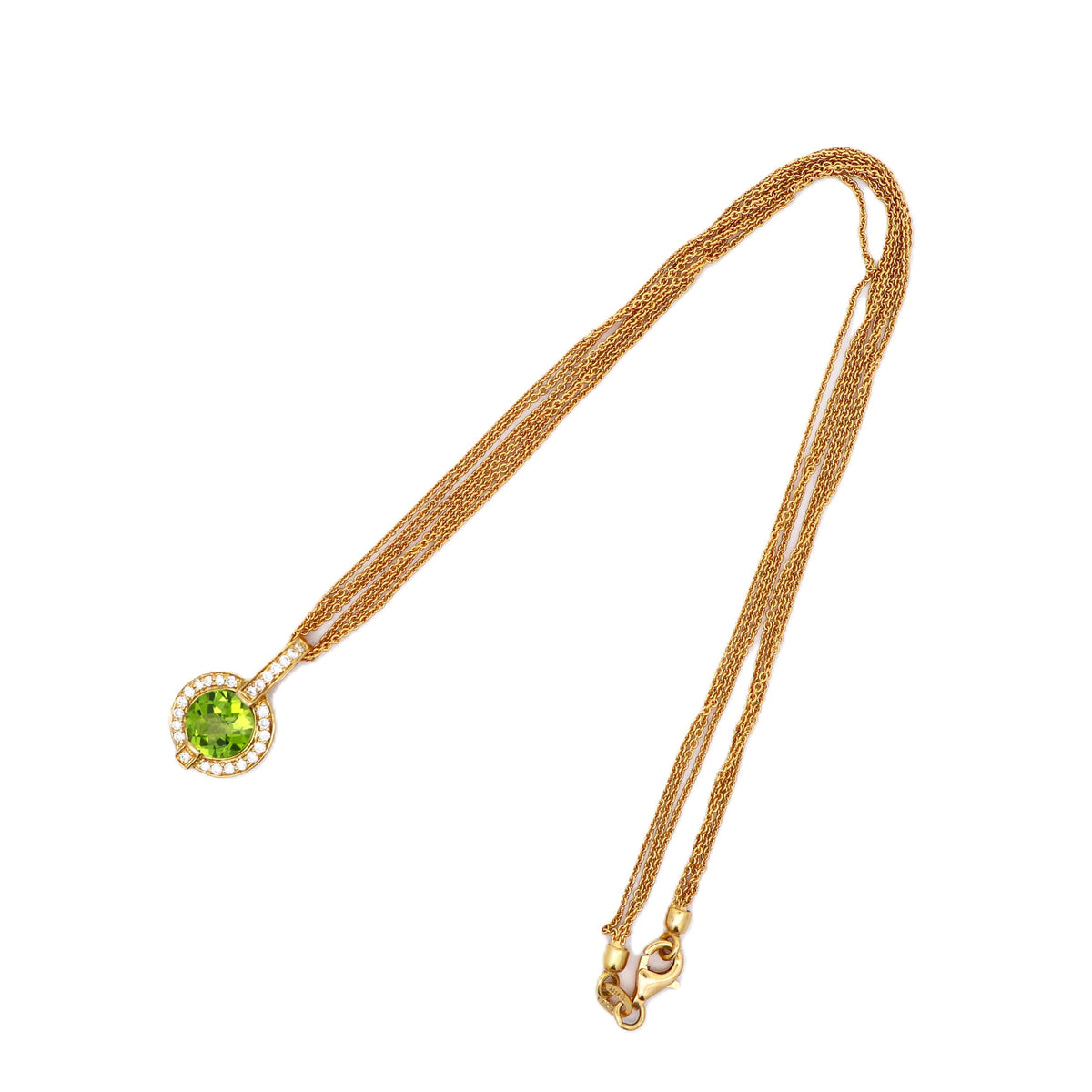 2.01 Carat Peridot Diamond 18K Yellow Gold Halo Three-Strand Pendant Necklace