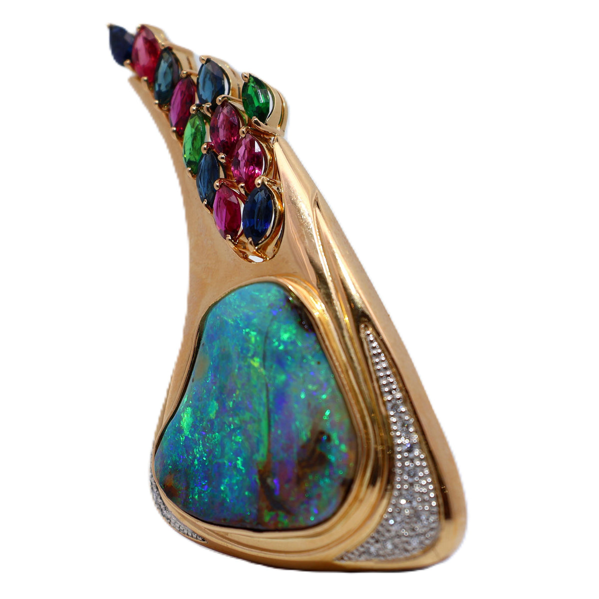 Australian Boulder Opal Sapphire Ruby Tsavorite Diamond 18K Yellow Gold Brooch