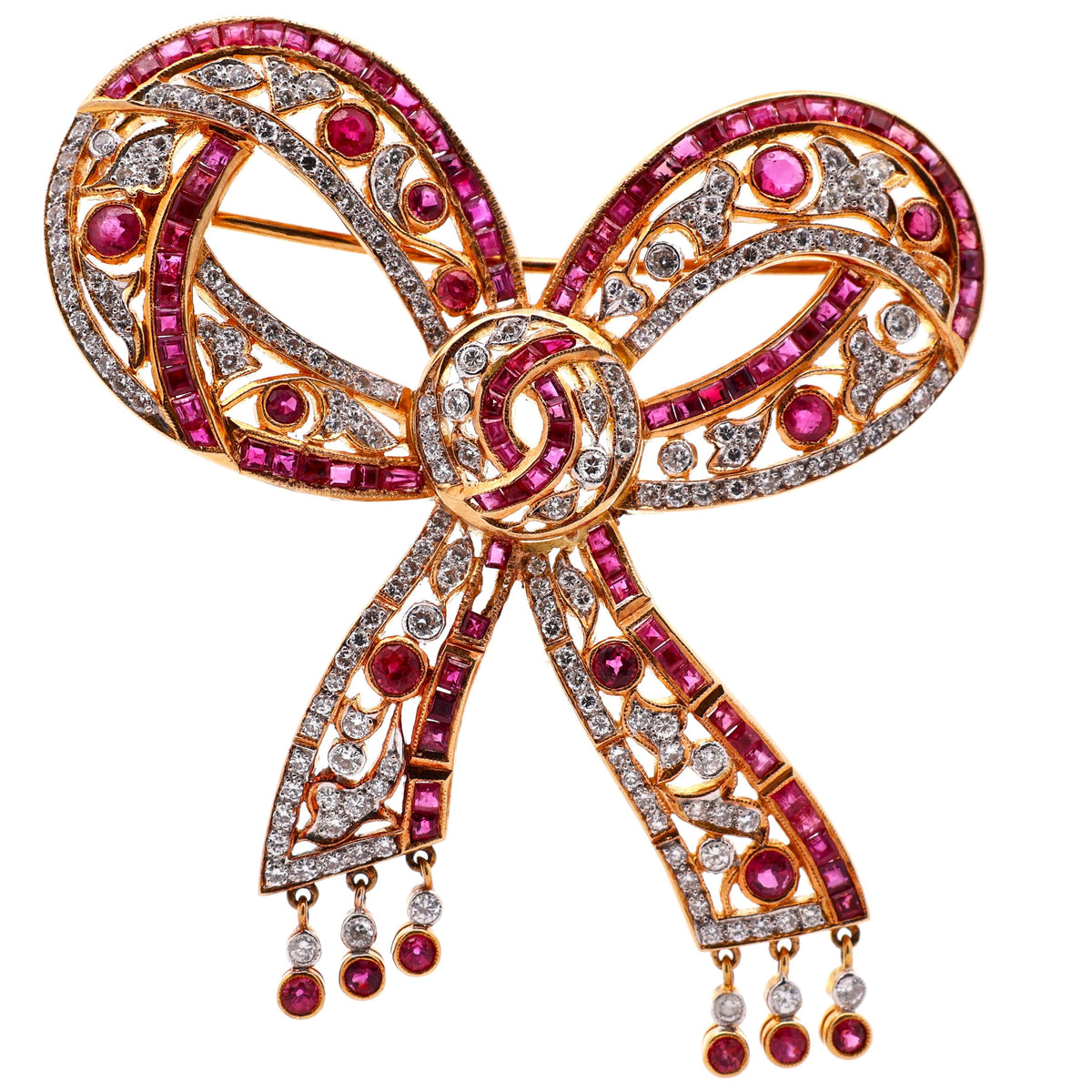 Estate Ruby Diamond 18K Yellow Gold Bow Brooch