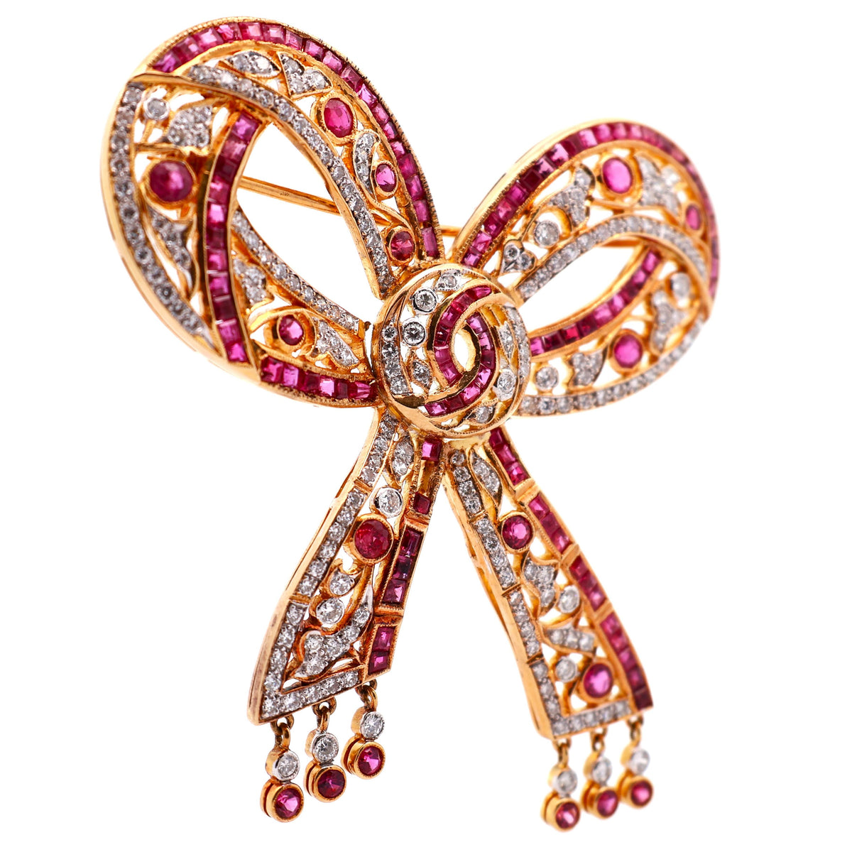 Estate Ruby Diamond 18K Yellow Gold Bow Brooch