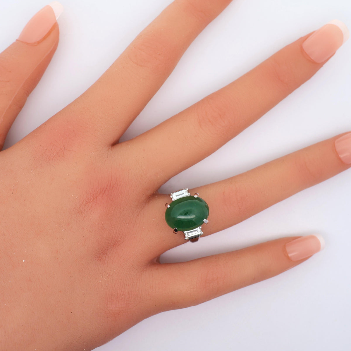 11.68 Carat Green Jadeite Jade Diamond Platinum Three-Stone Ring, GIA Certified
