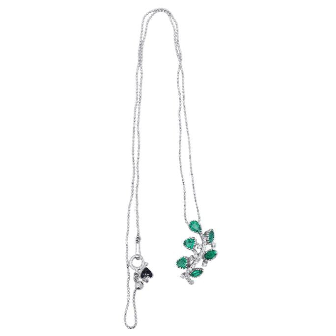 Estate Emerald Diamond 18K White Gold Vine Pendant