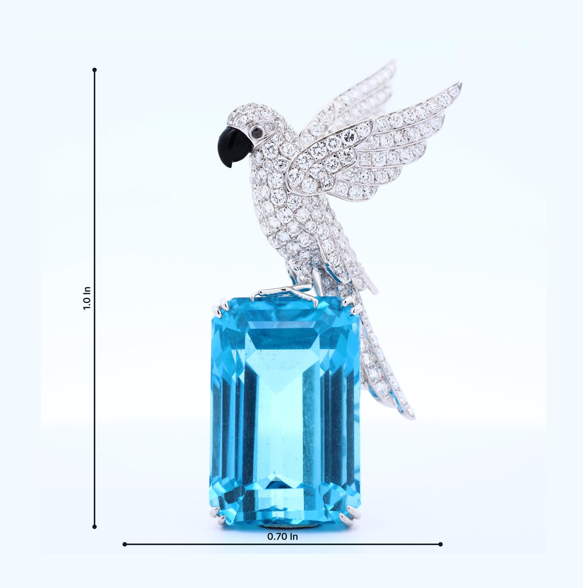 77.38 Carat Blue Topaz Diamond 18K White Gold Bird-on-Rock Brooch