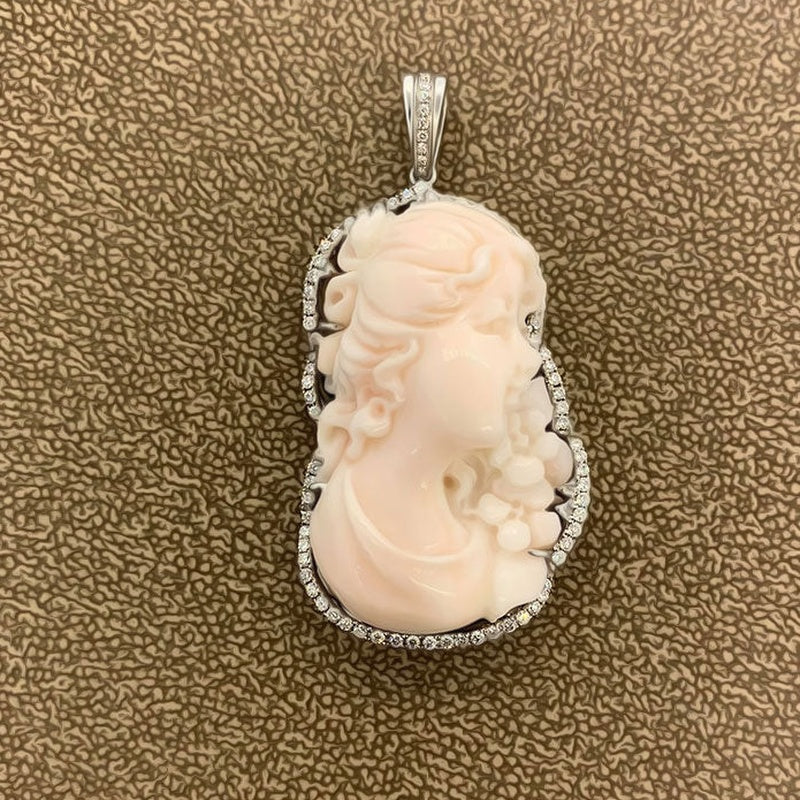 Angel Skin Coral Diamond Cameo Gold Brooch