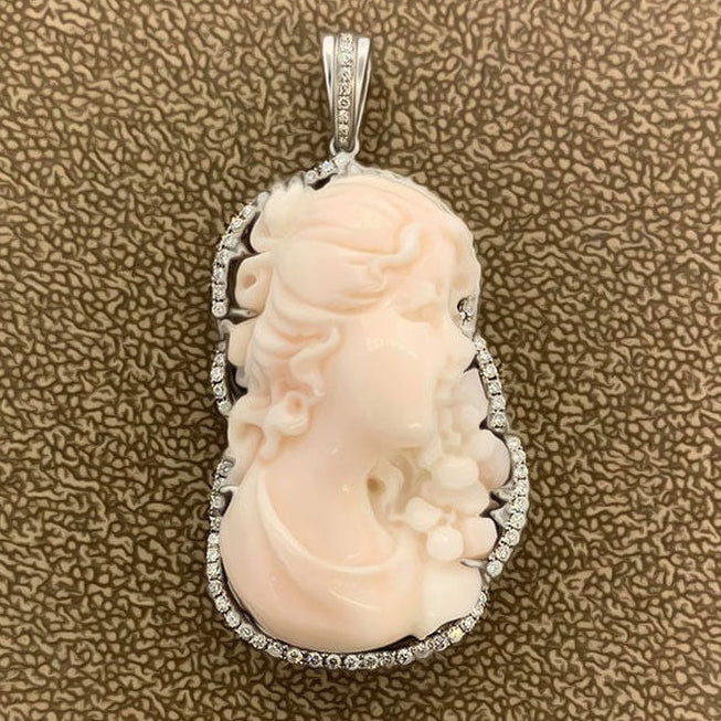 Angel Skin Coral Diamond Cameo Gold Brooch