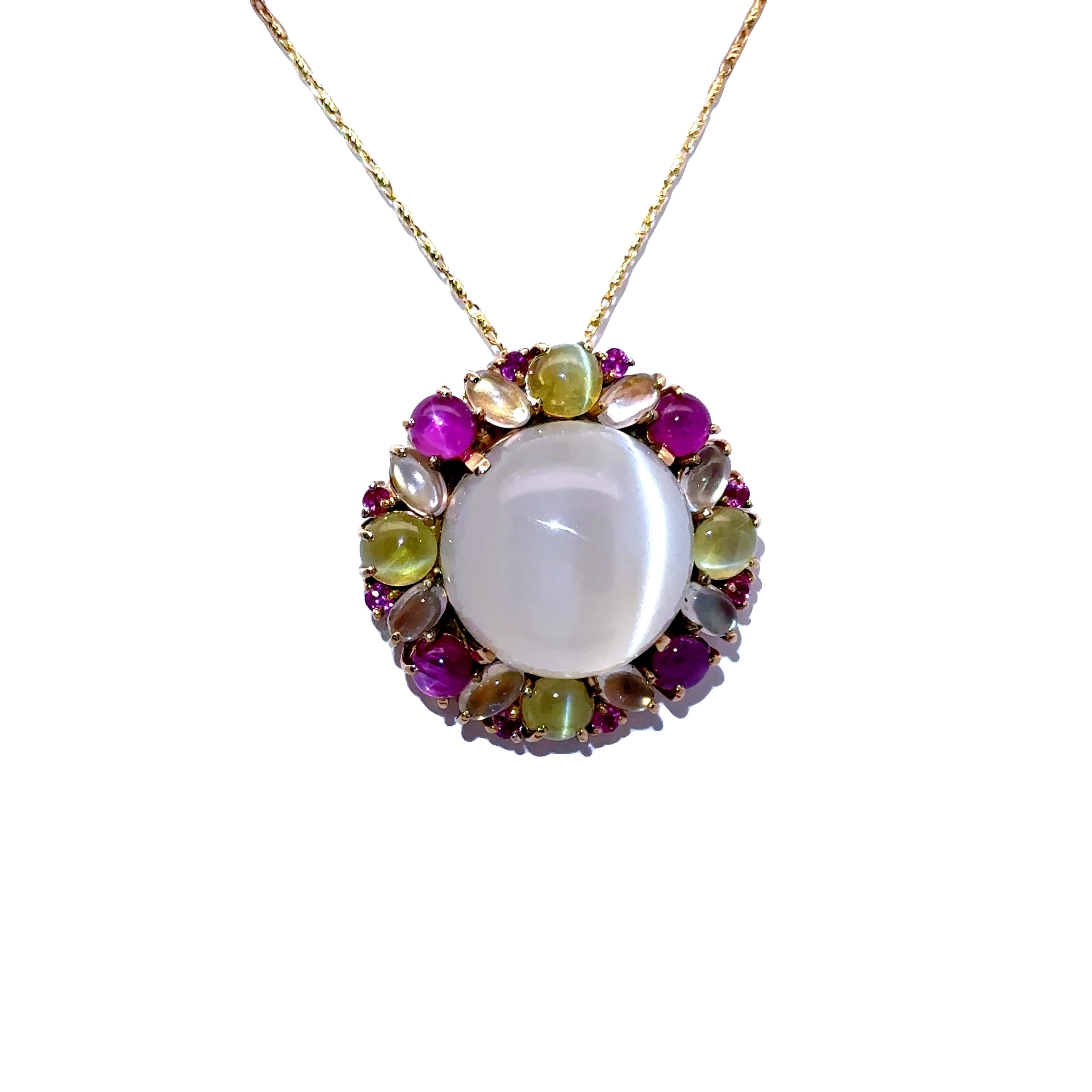23.77 Carat Cats-Eye Moonstone Multi-Colored Gemstone 18k Yellow Gold Pendant