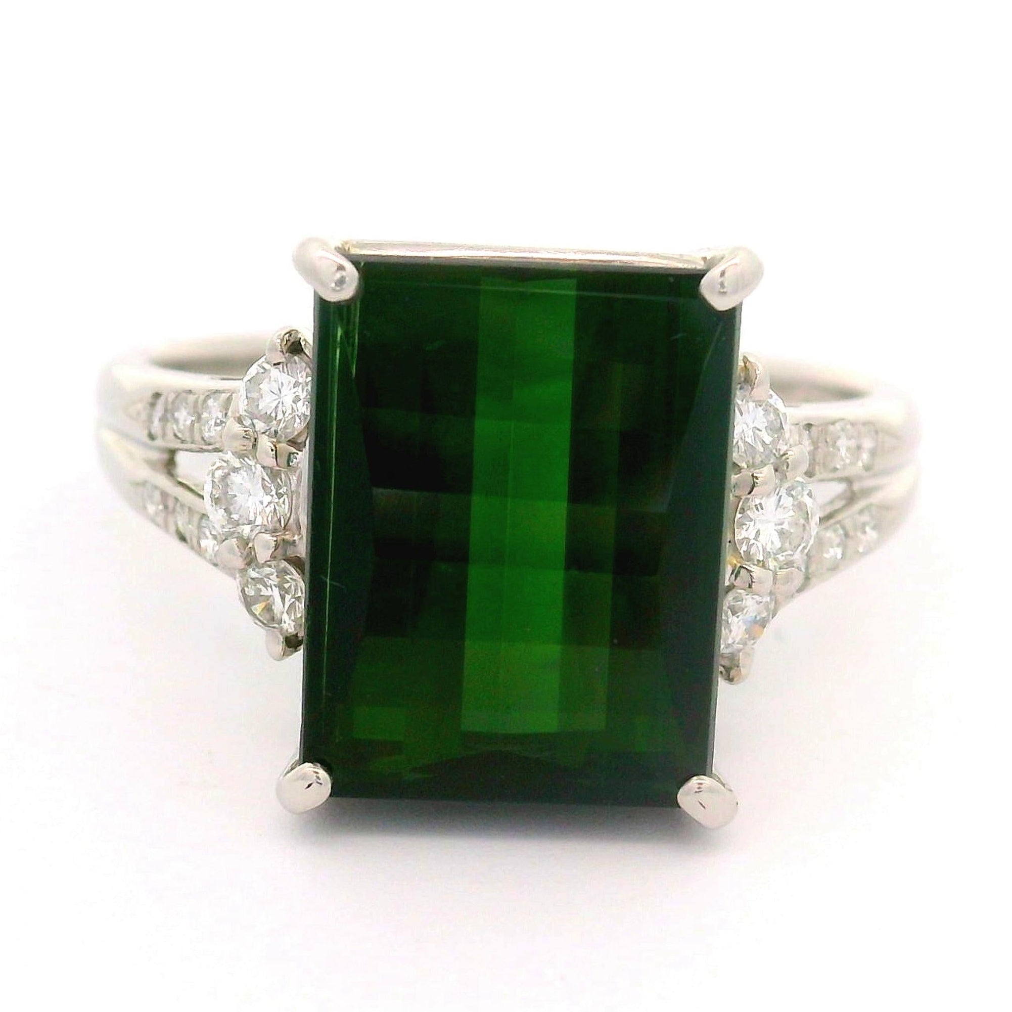 5.69 Carat Green Rectangular Tourmaline Diamond Platinum Ring