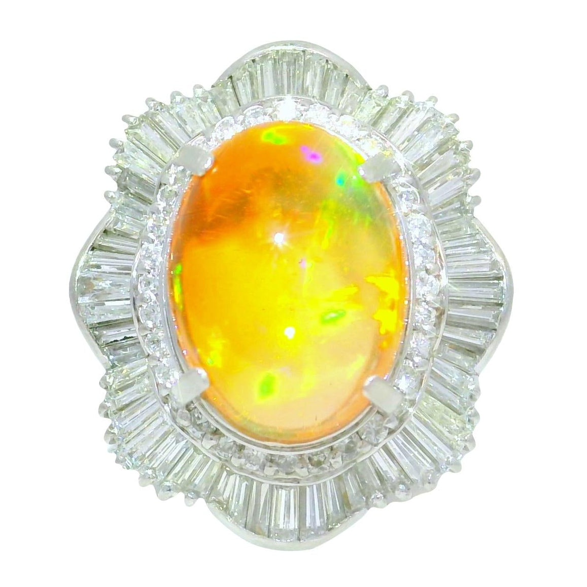 7.41 Carat Mexican Fire Opal Diamond Platinum Double Halo RIng