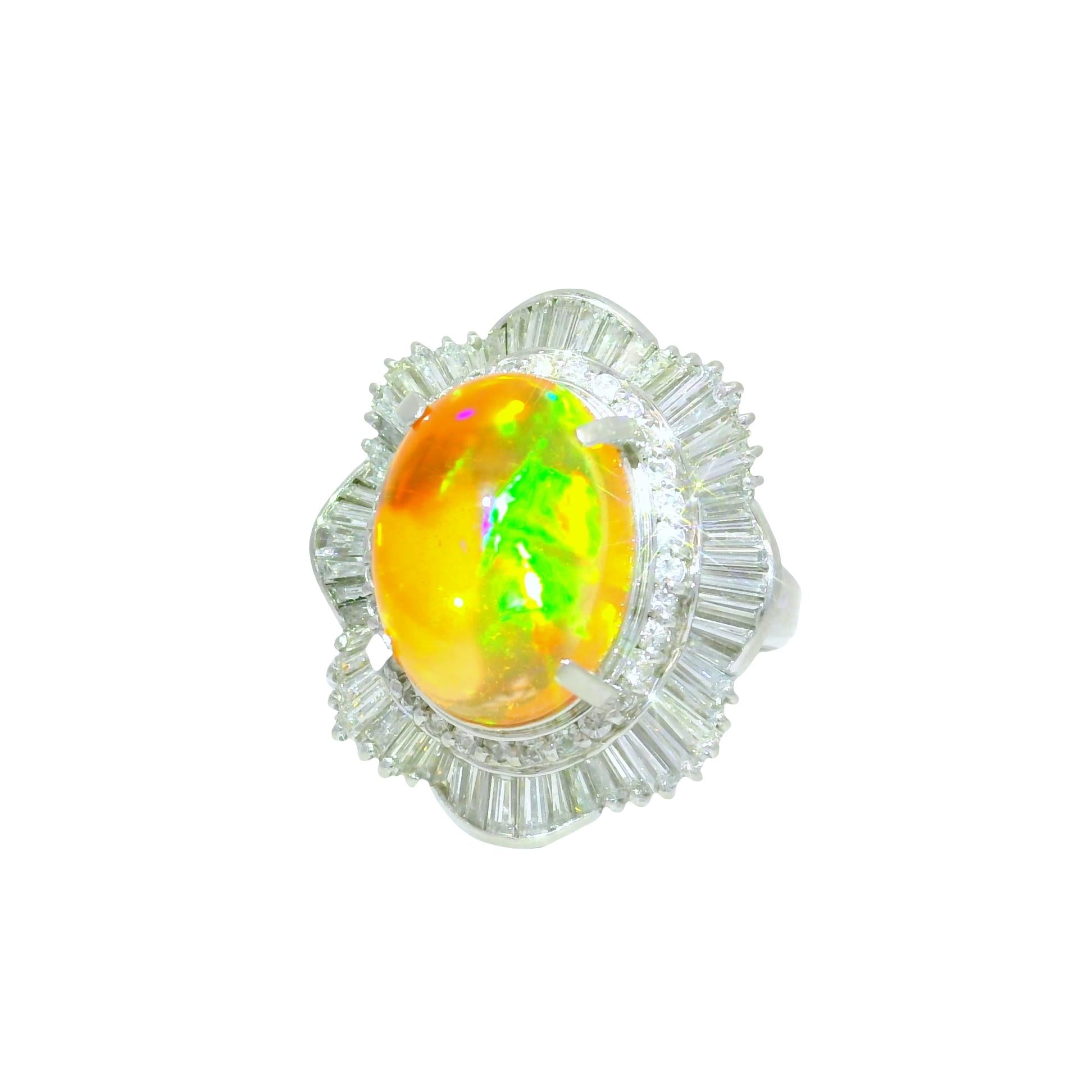 7.41 Carat Mexican Fire Opal Diamond Platinum Double Halo RIng
