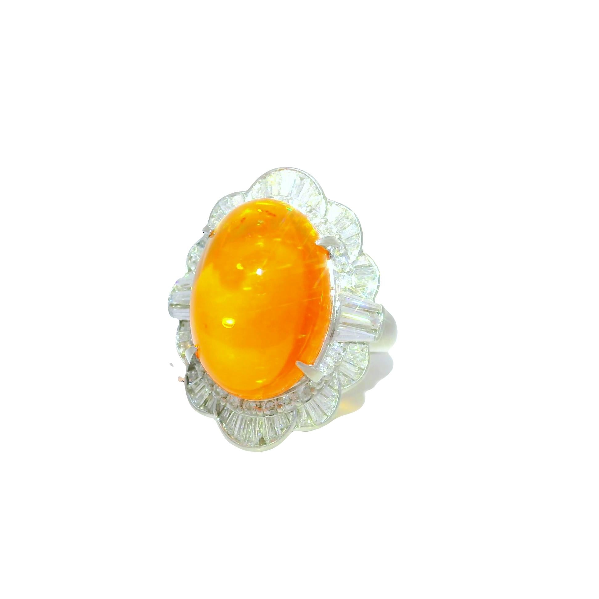 9.52 Carat Mexican Fire Opal Diamond Platinum Ring