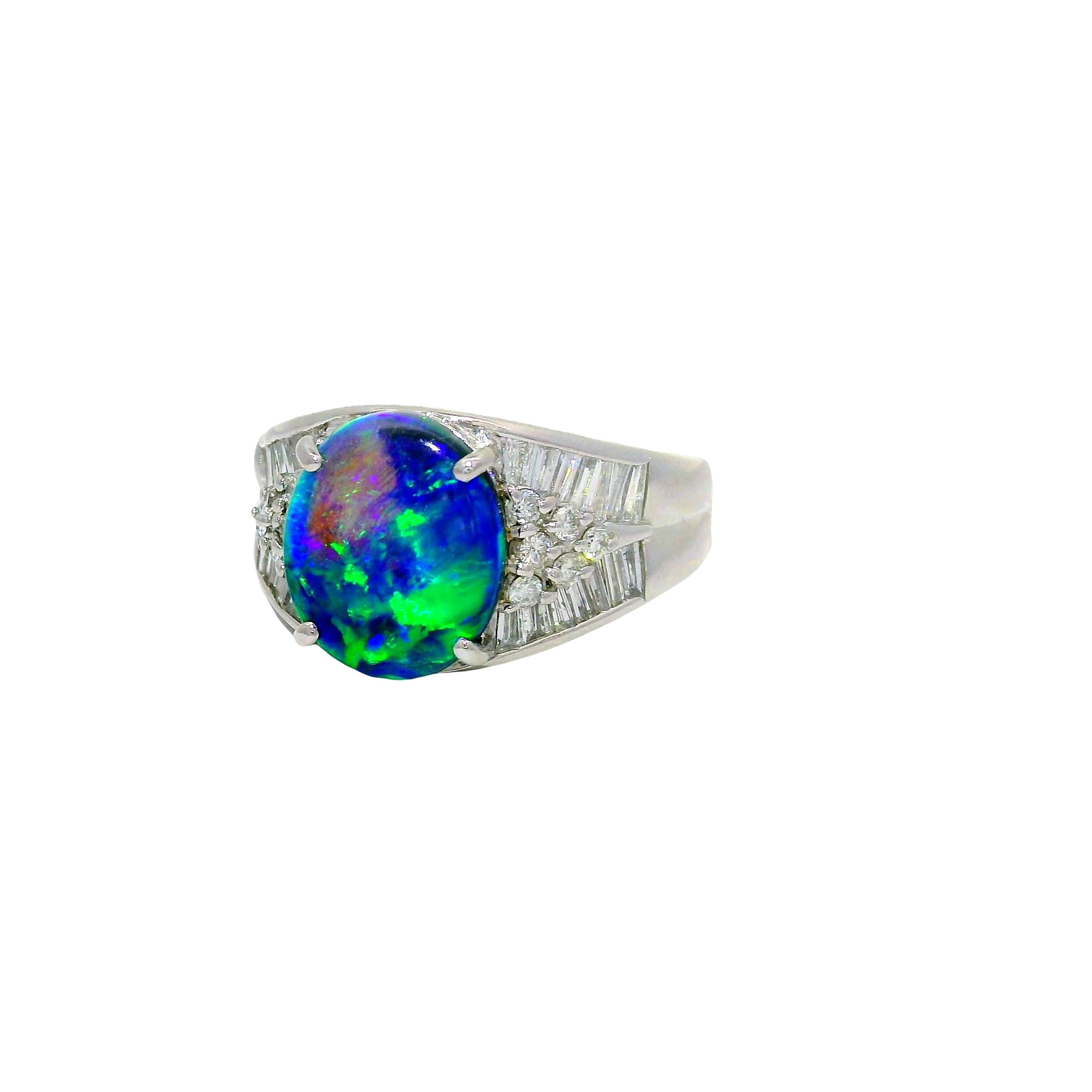 2.57 Carat Australian Black Opal Diamond Platinum Ring