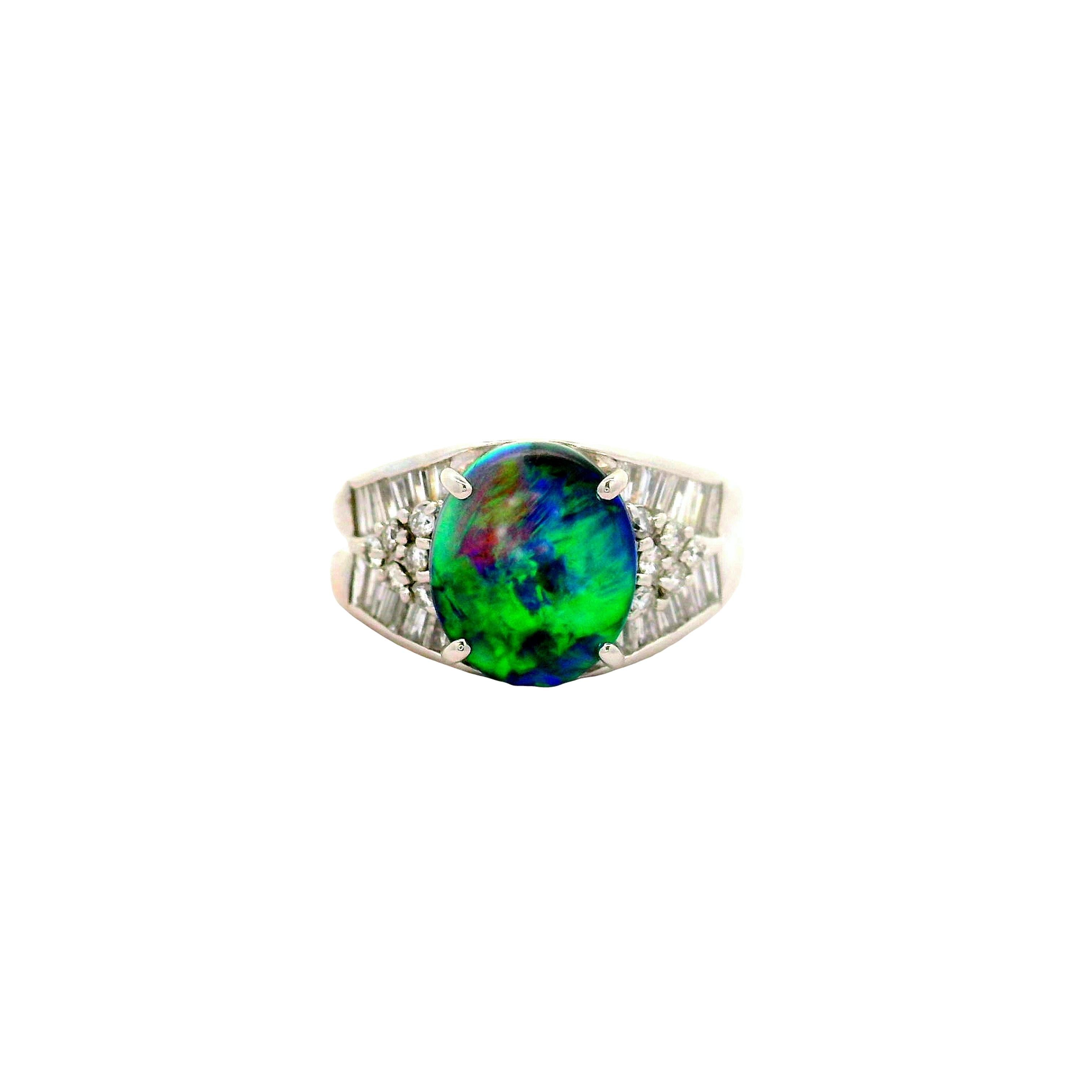 2.57 Carat Australian Black Opal Diamond Platinum Ring