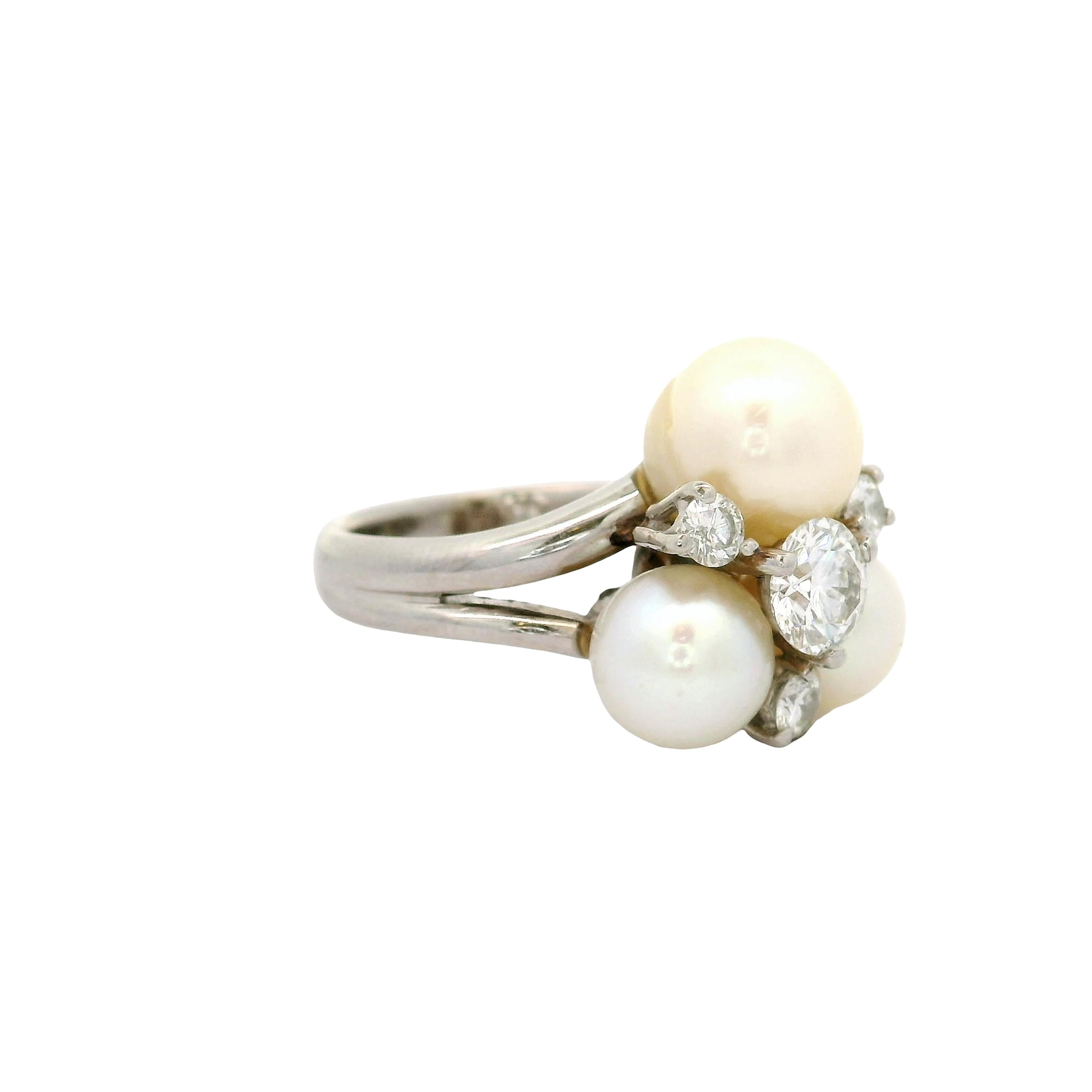 Akoya Pearl Diamond Platinum Cluster Ring