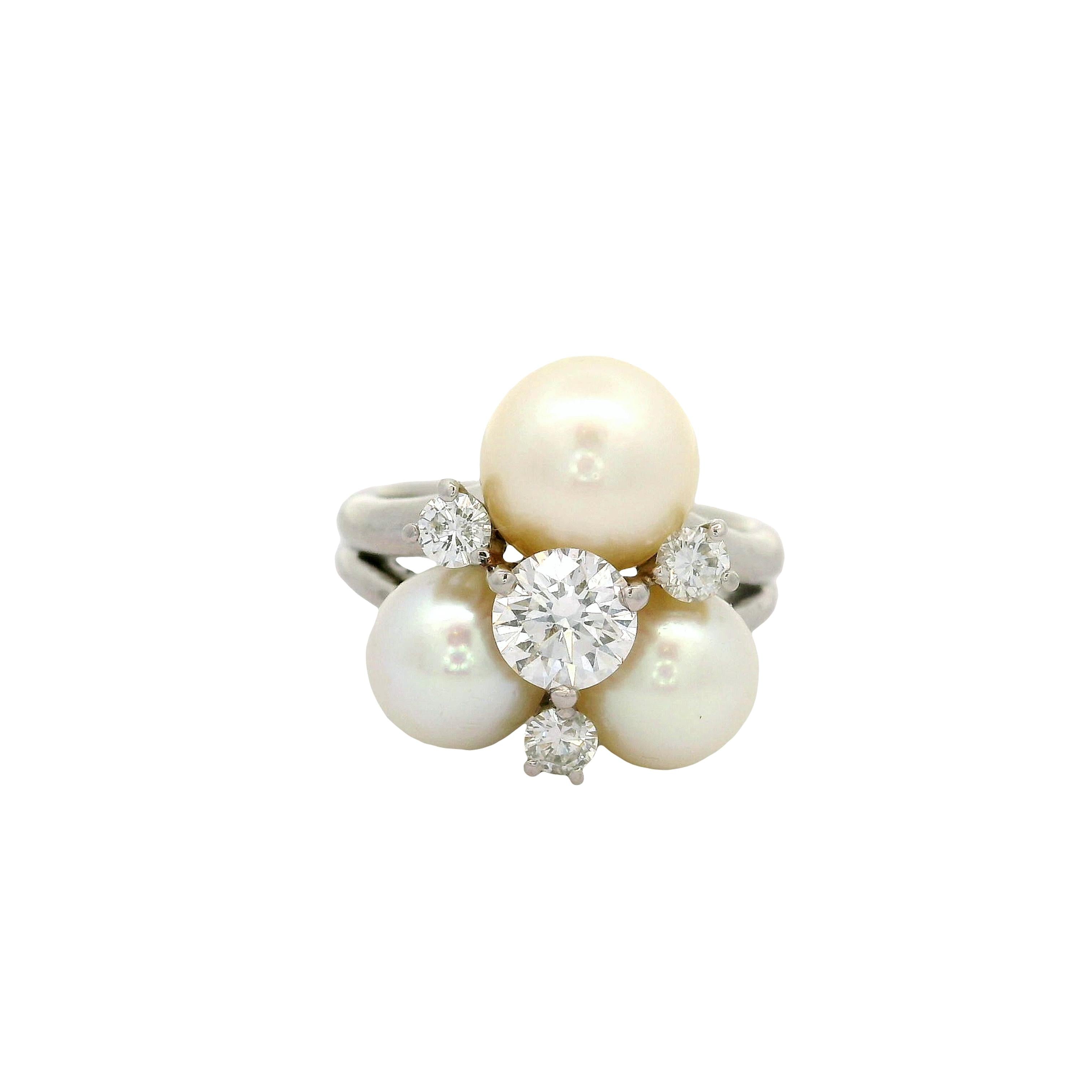 Akoya Pearl Diamond Platinum Cluster Ring