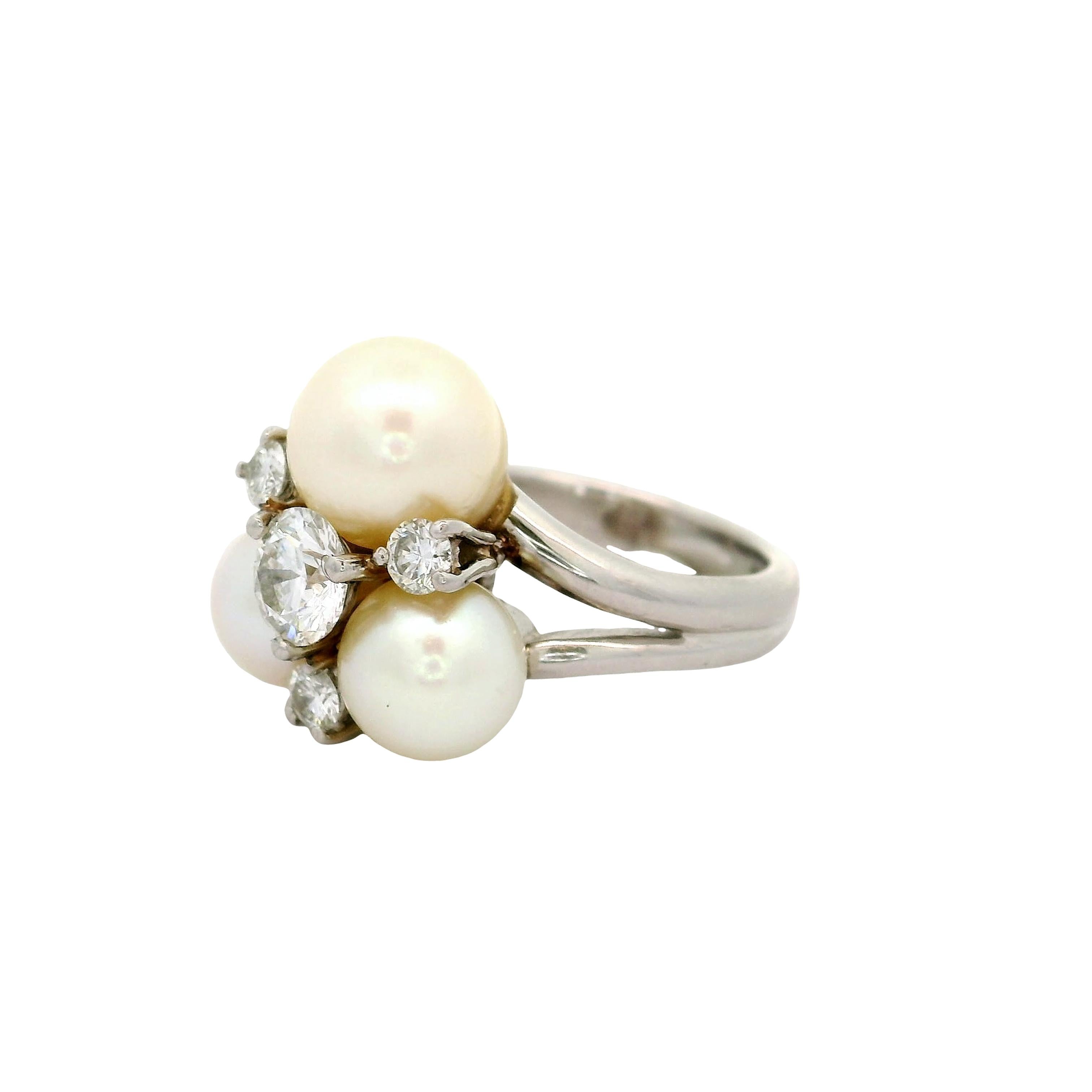 Akoya Pearl Diamond Platinum Cluster Ring