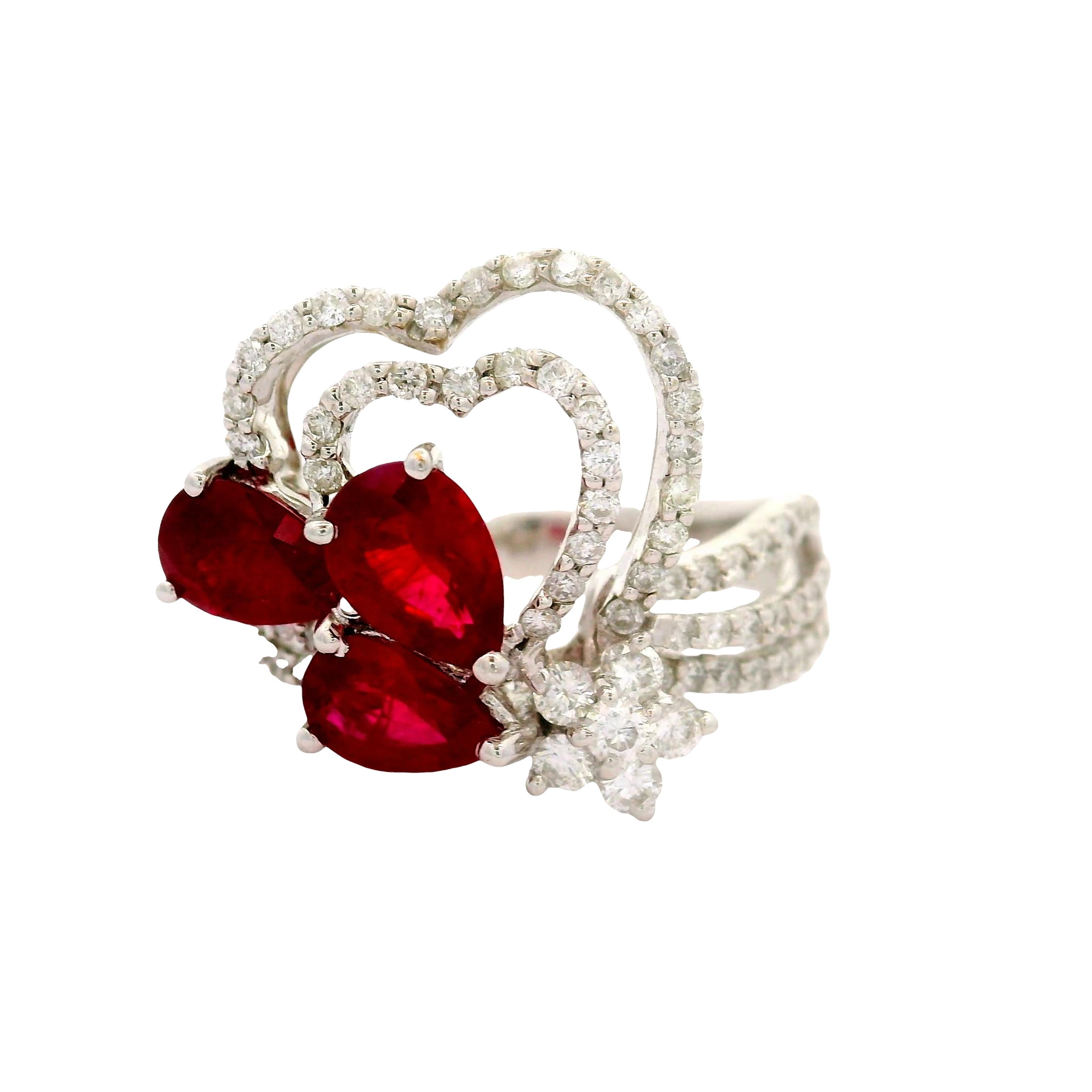 Ruby Diamond 18K White Gold Hearts and Flower Motif Ring