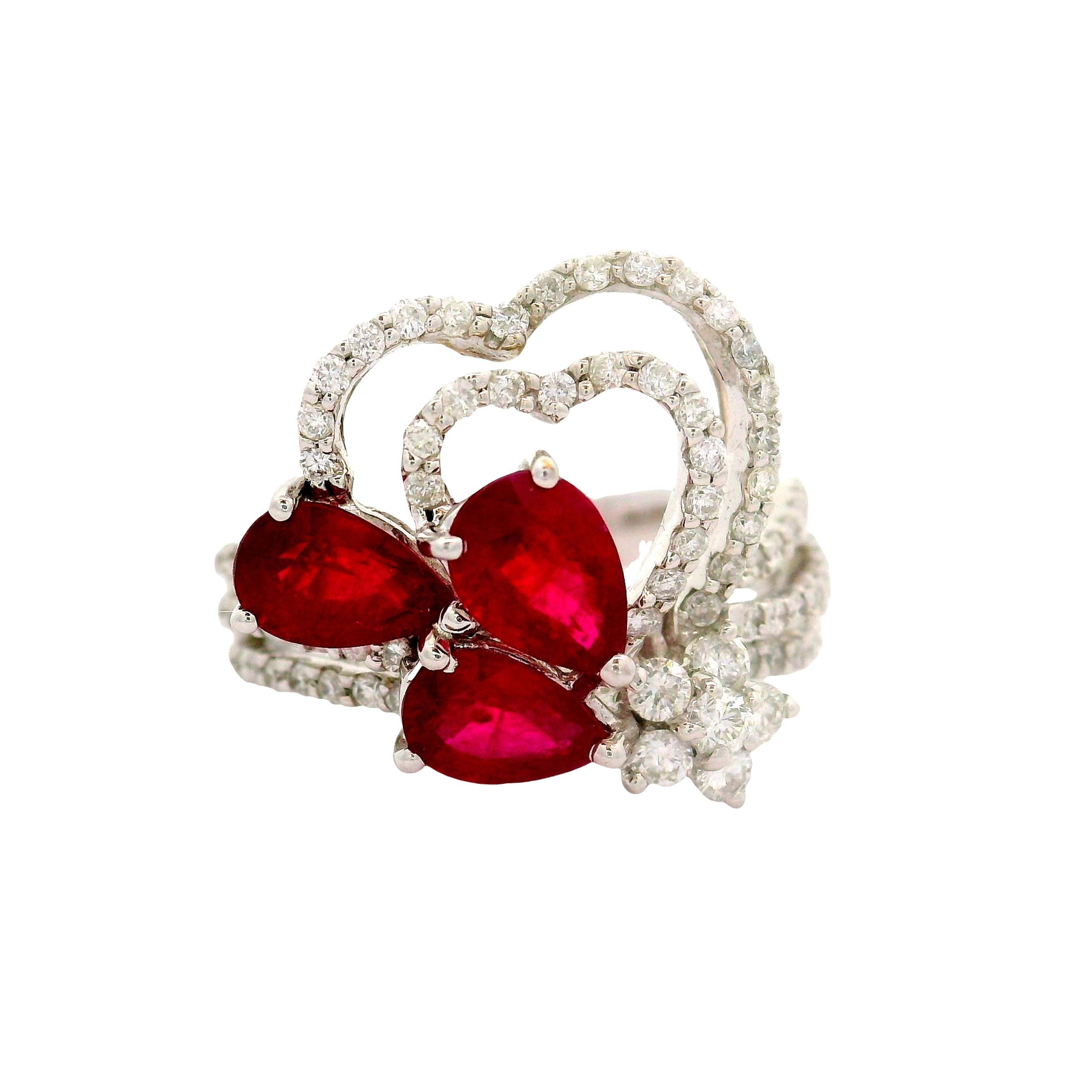 Ruby Diamond 18K White Gold Hearts and Flower Motif Ring