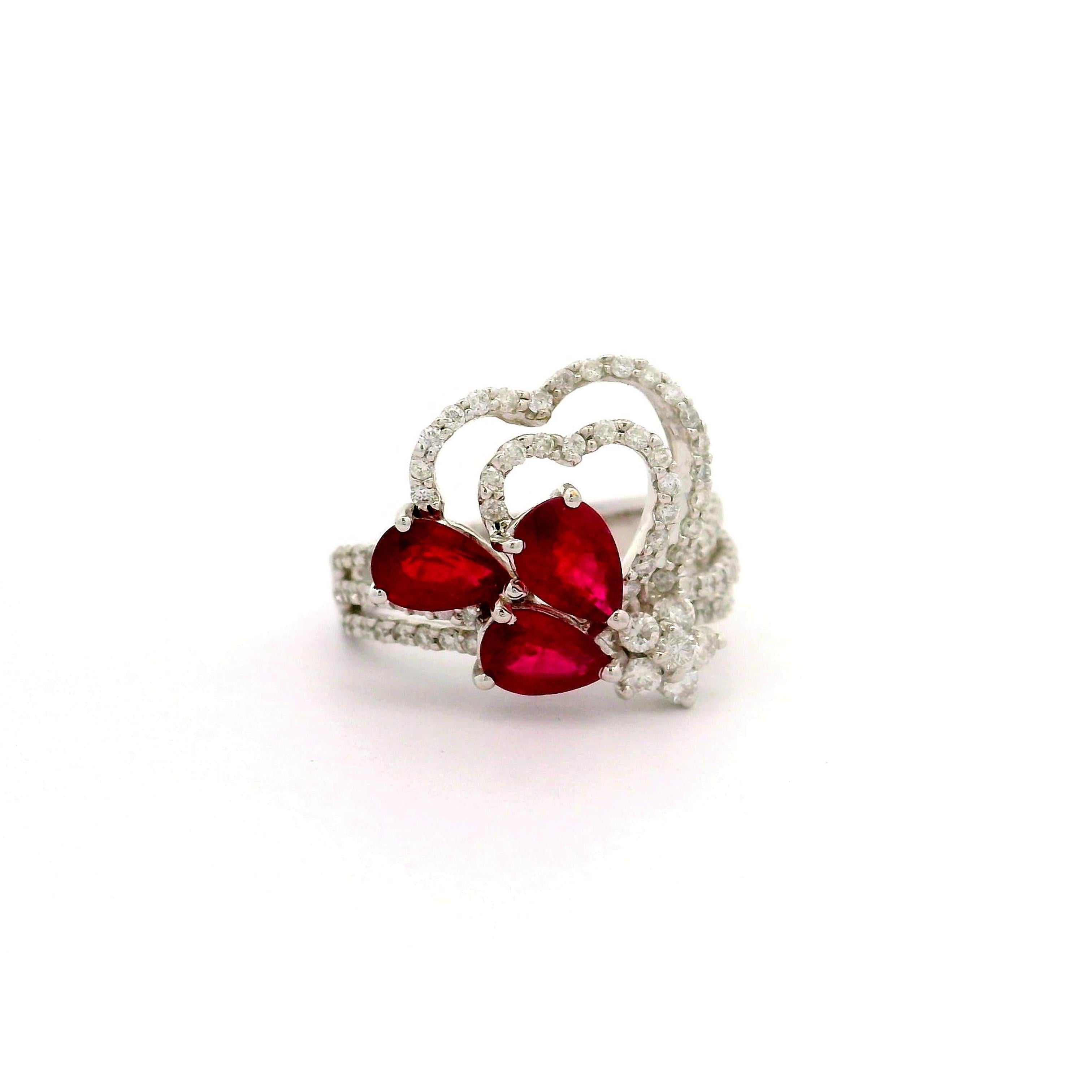 Ruby Diamond 18K White Gold Hearts and Flower Motif Ring
