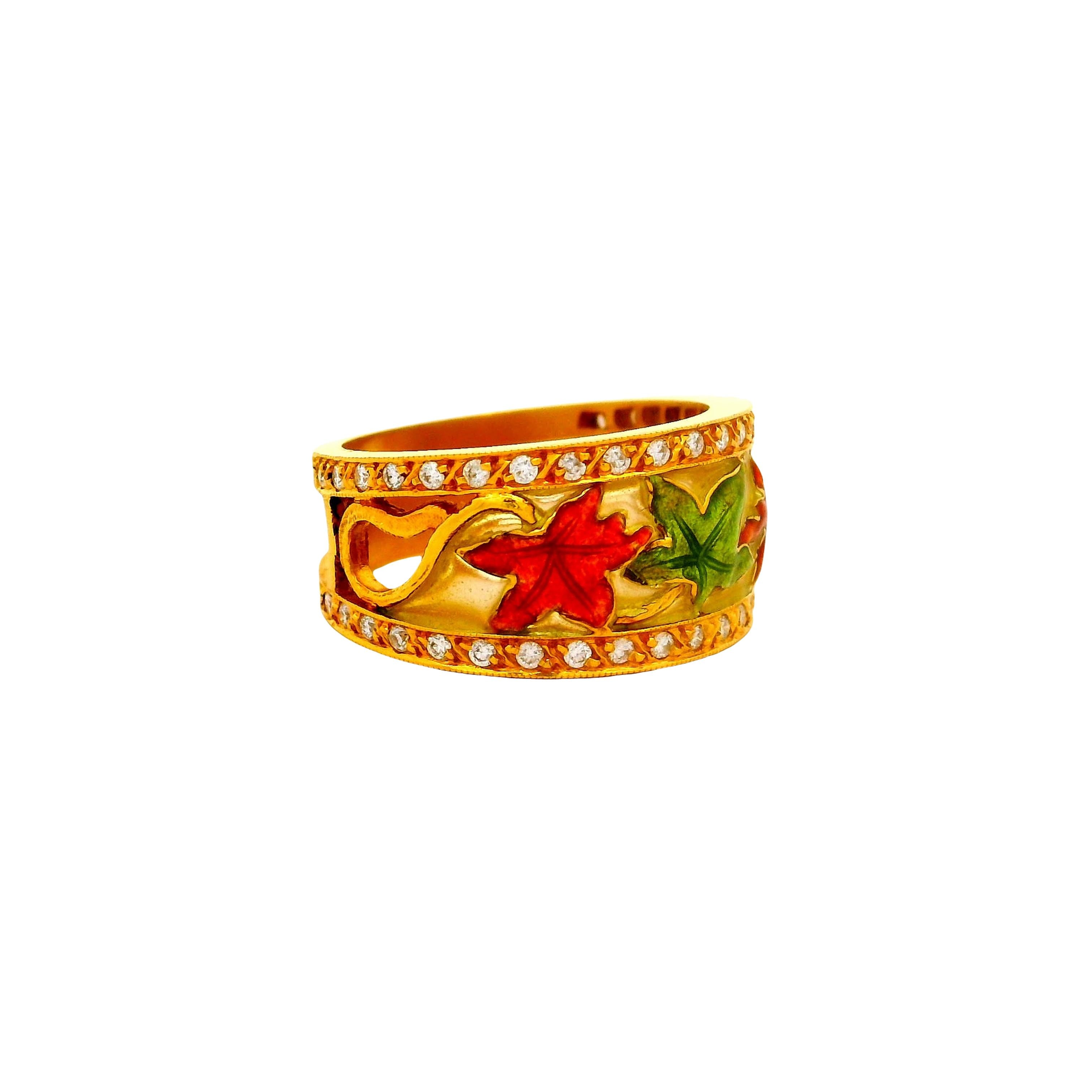 Masriera Diamond 18K Yellow Gold Enamel Leaves Motif Ring