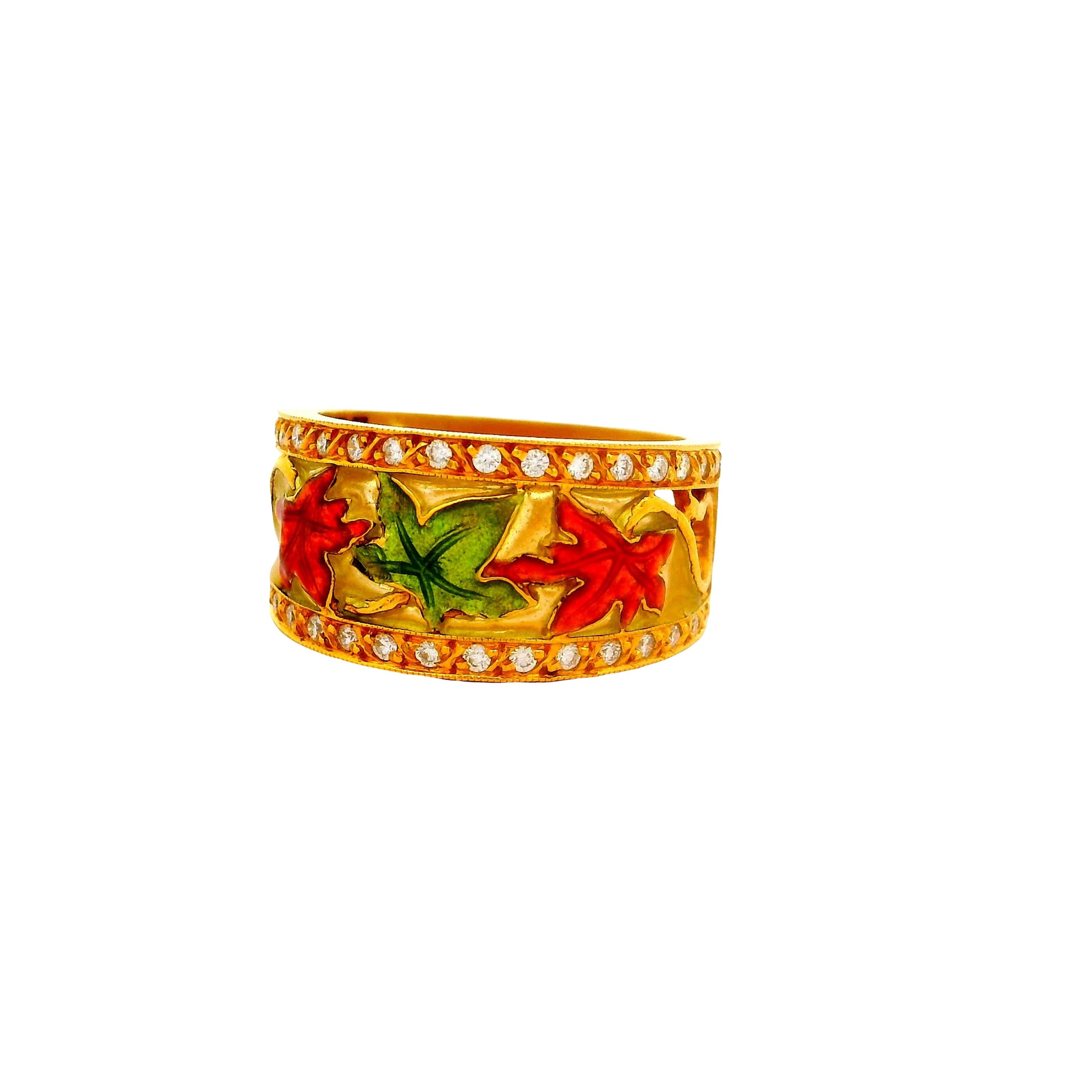 Masriera Diamond 18K Yellow Gold Enamel Leaves Motif Ring