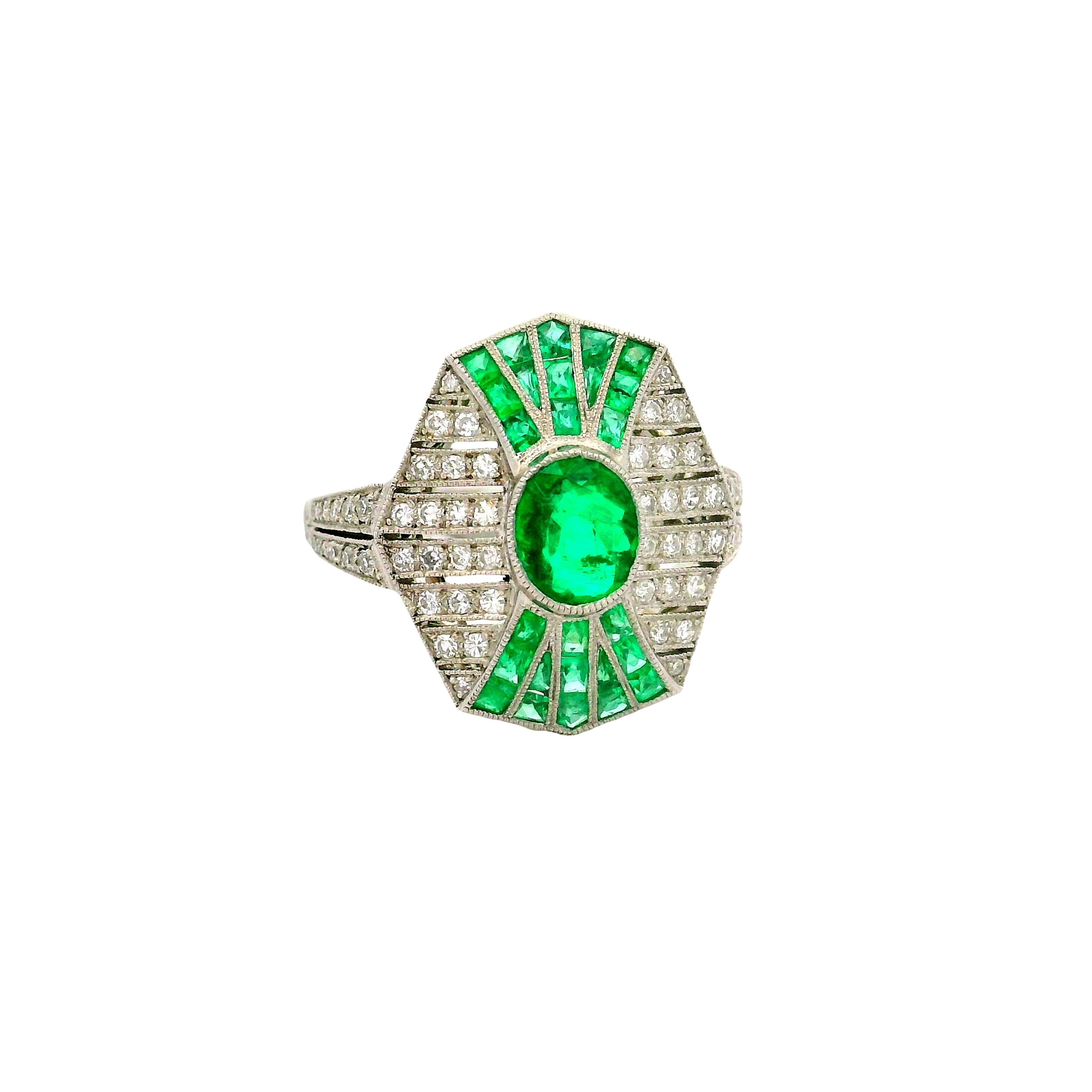 Emerald Diamond Platinum Art-Deco Style Ring
