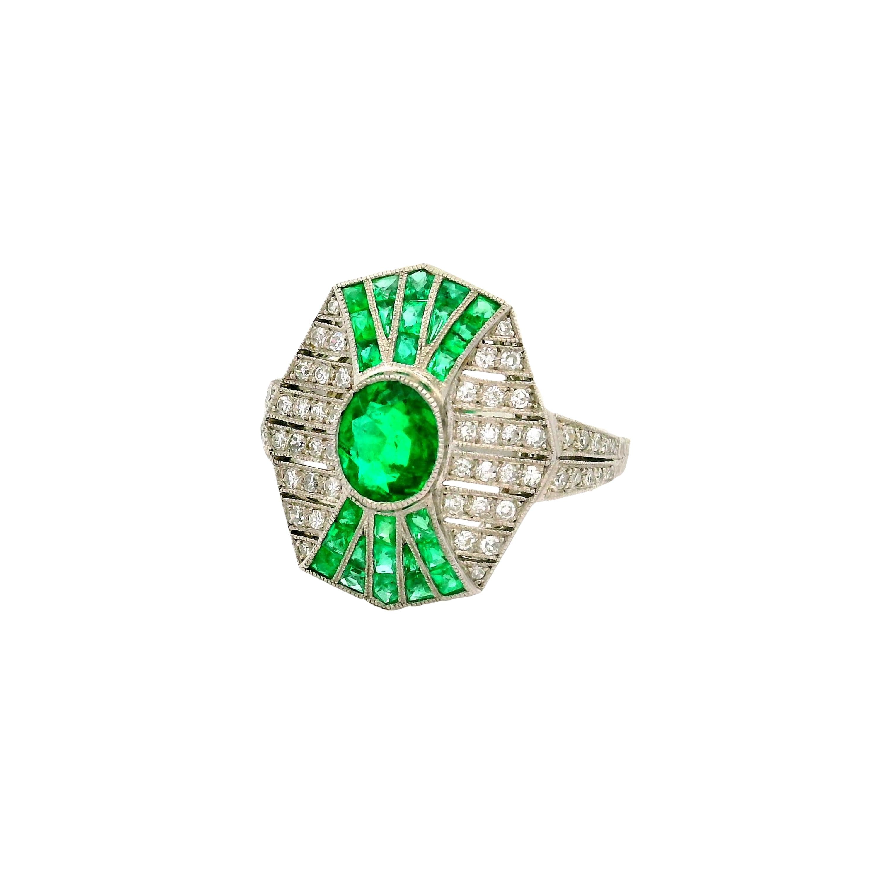 Emerald Diamond Platinum Art-Deco Style Ring