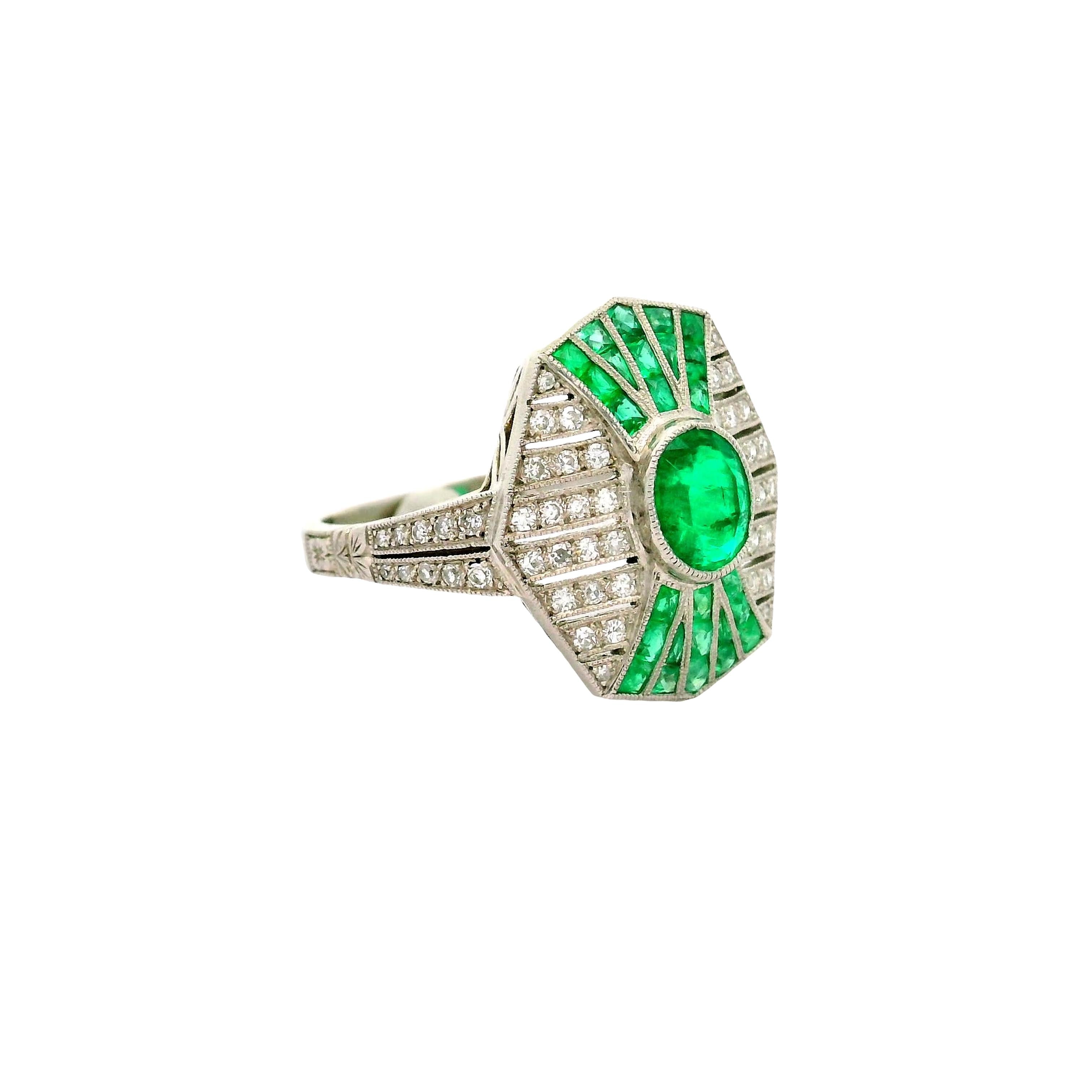 Emerald Diamond Platinum Art-Deco Style Ring