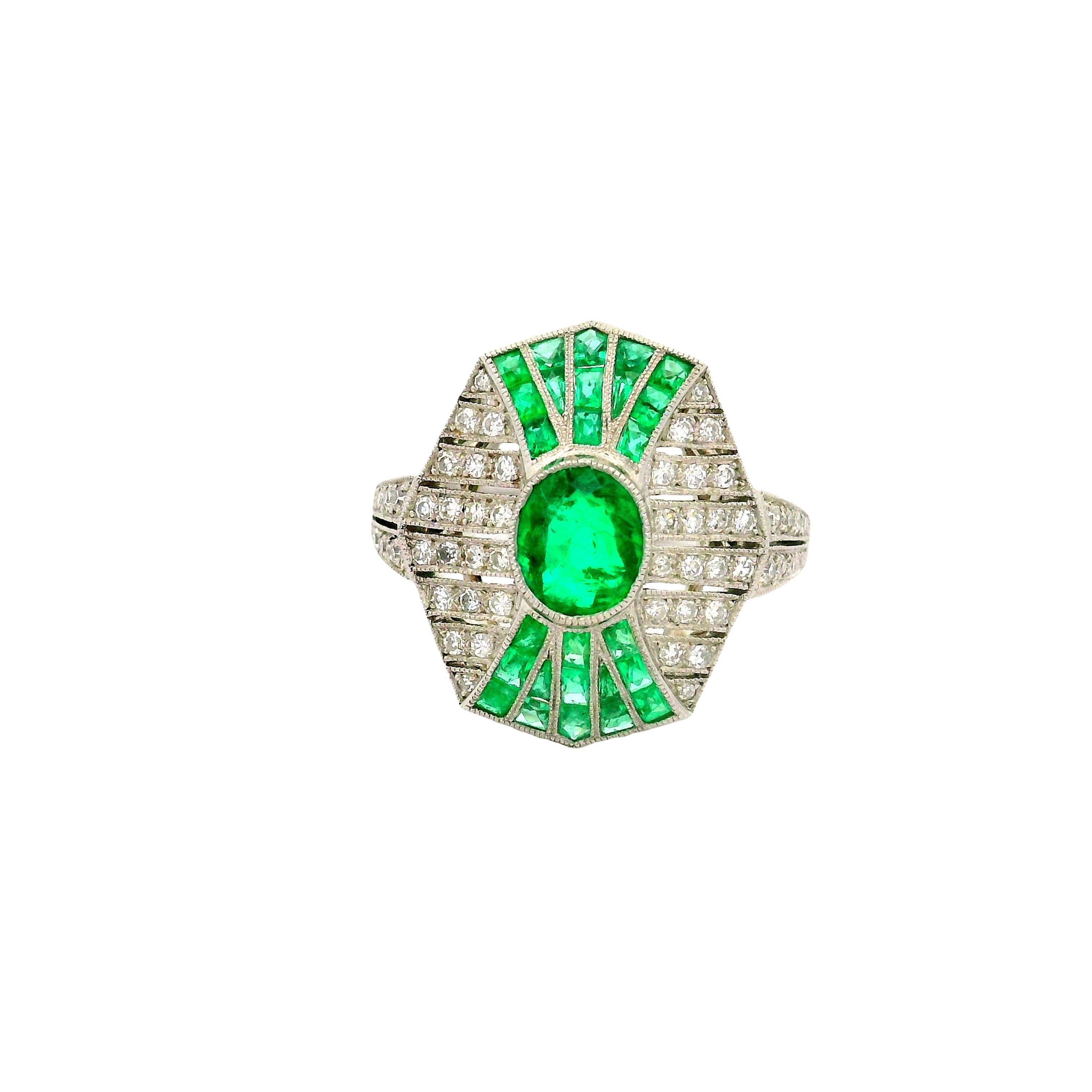 Emerald Diamond Platinum Art-Deco Style Ring