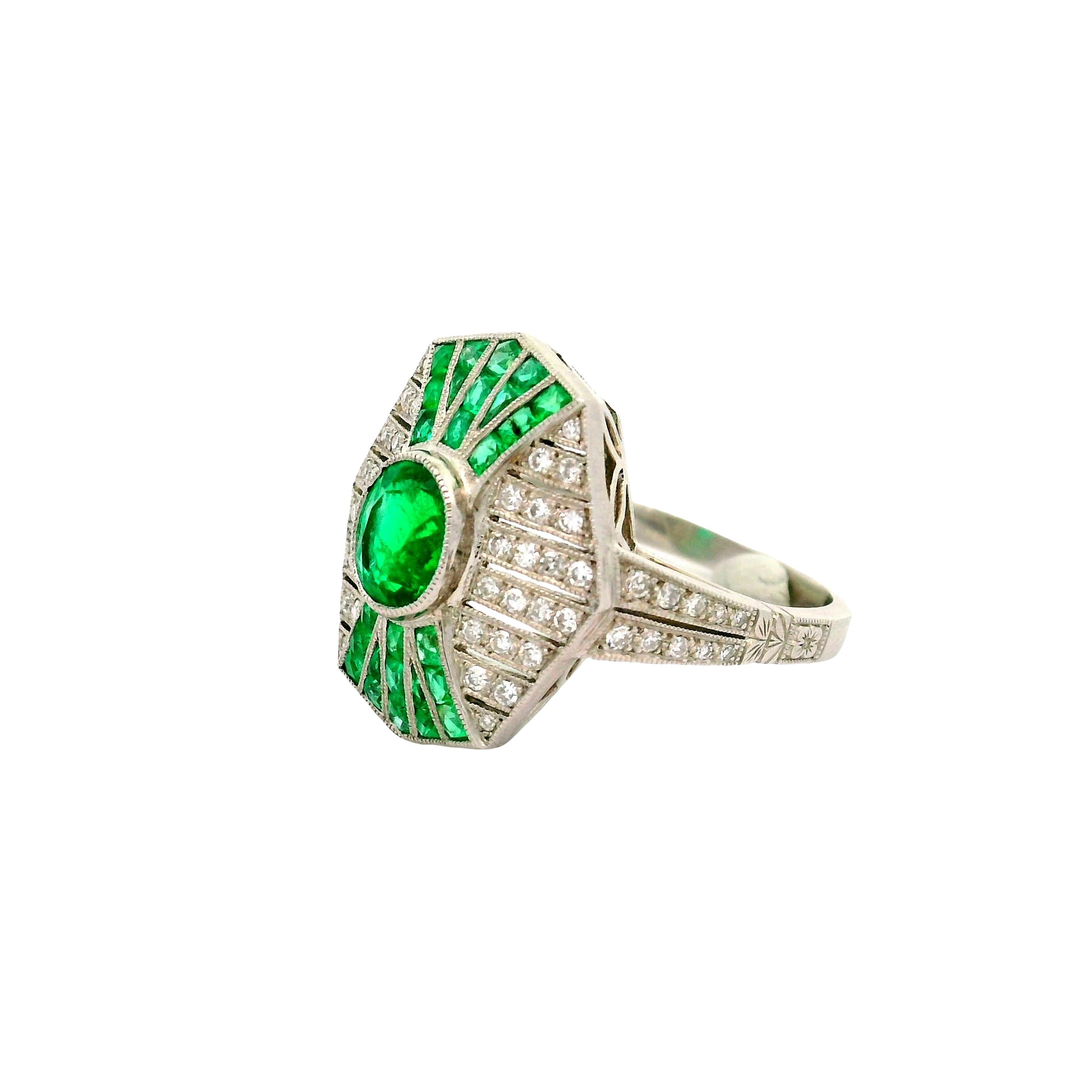 Emerald Diamond Platinum Art-Deco Style Ring