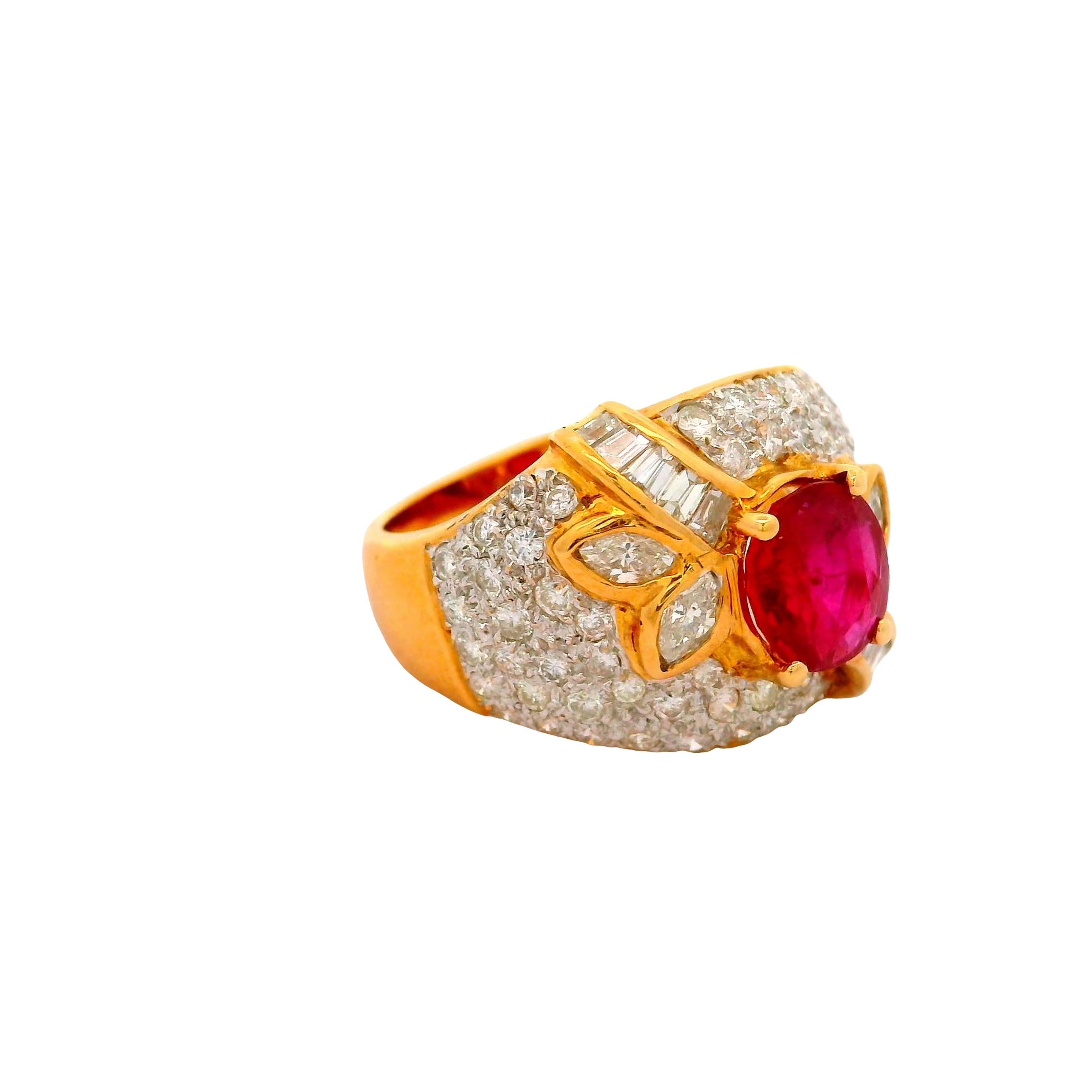1.39 Carat Ruby Diamond Pave 18K Yellow Gold Ring