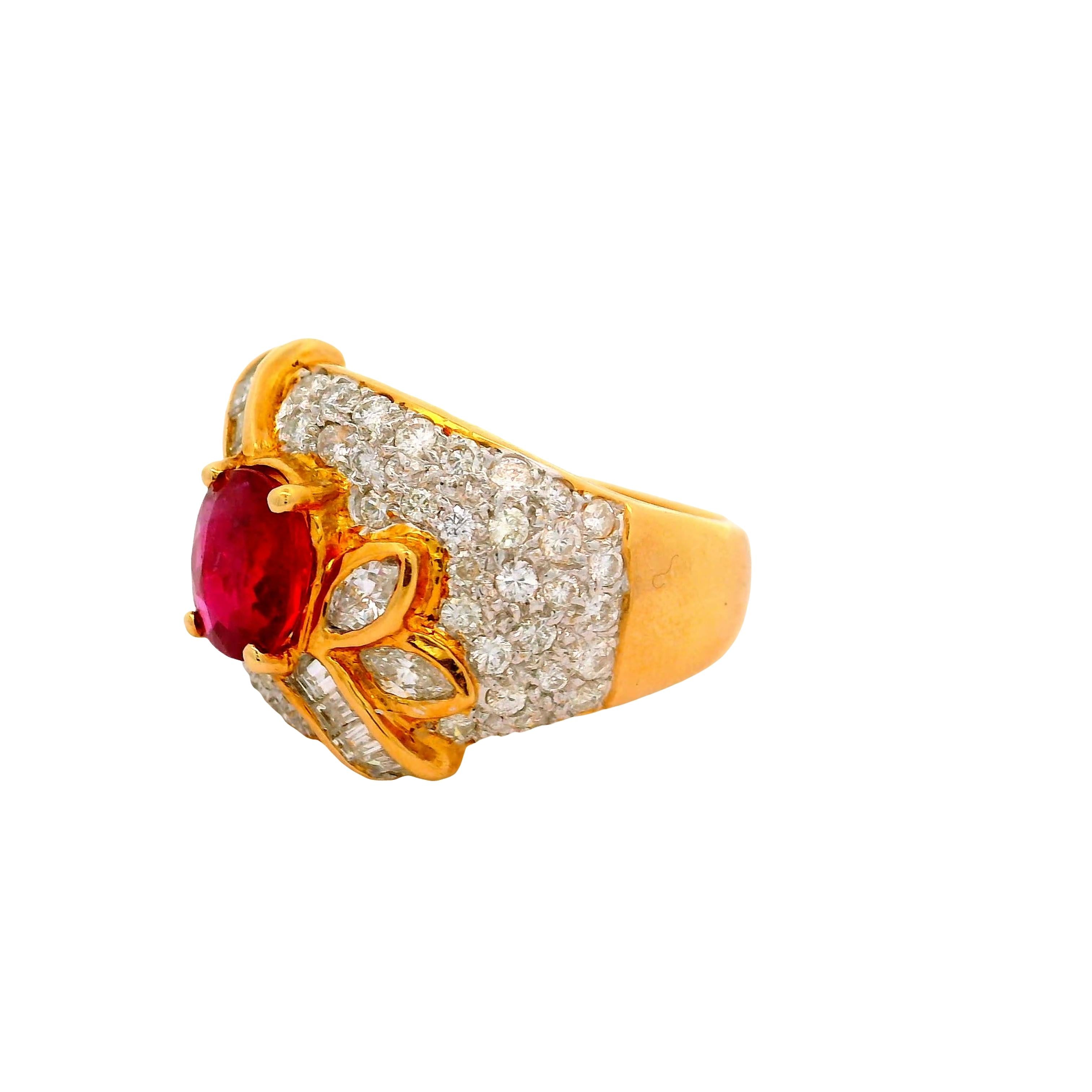1.39 Carat Ruby Diamond Pave 18K Yellow Gold Ring