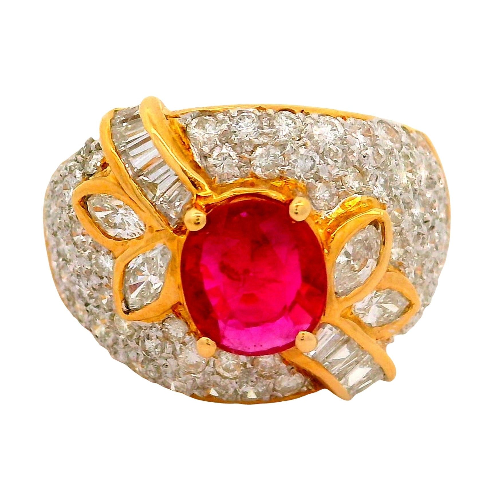 1.39 Carat Ruby Diamond Pave 18K Yellow Gold Ring