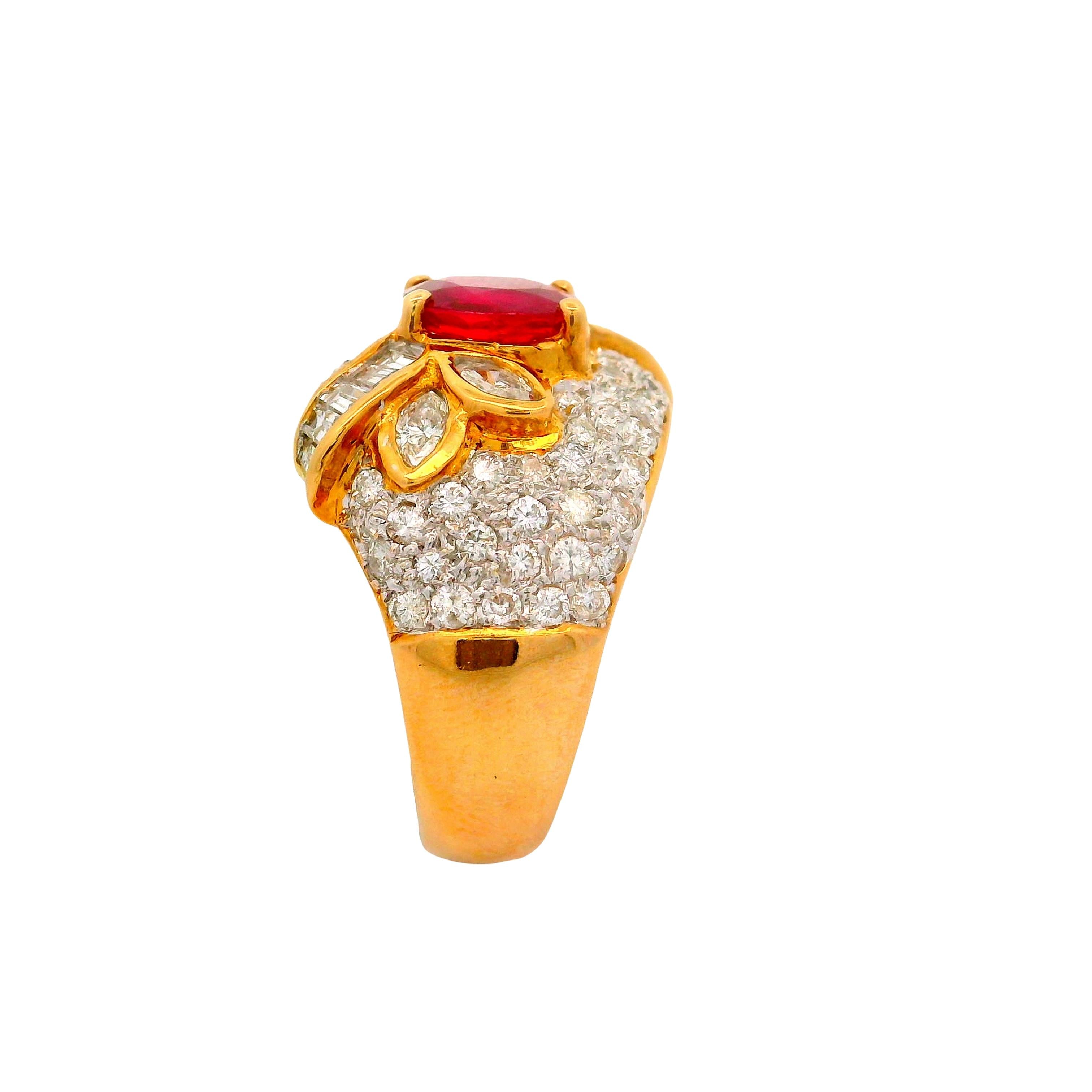 1.39 Carat Ruby Diamond Pave 18K Yellow Gold Ring